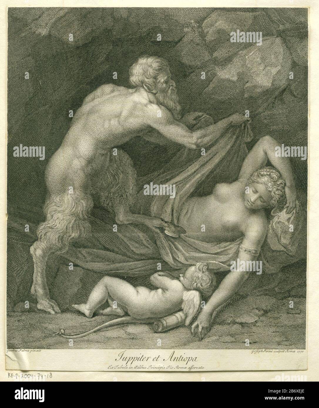 Jupiter en Antiope Afkomstig uit Hamilton, Schola Italica Built in Pastes: A dictionary of painters, from the revival of the art to the present period, by the Rev. Mr. Pilkington AM A new edition, with Considerable alteration, additions, an appendix, and an index, by Henry Fuseli, RA, London 1805, Part III / opposite p.380. Manufacturer :. Printmaker Giuseppe Sforza Perininaar painting: Jacopo Palma (il Vecchio) Dated: 1770 Physical features: etching material: paper Technique: engra (printing process) Dimensions: h 286 mm × W 239 mm Subject: Jupiter, disguised as a satyr, approaches the sleepi Stock Photo