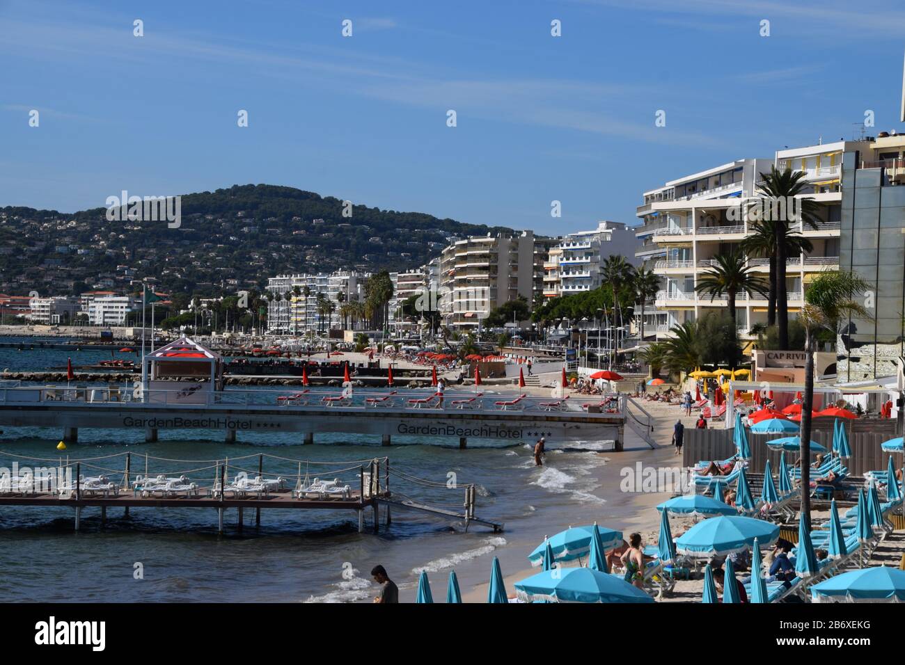 Beach and promenade in Juan Les Pins, South of France Stock Photo