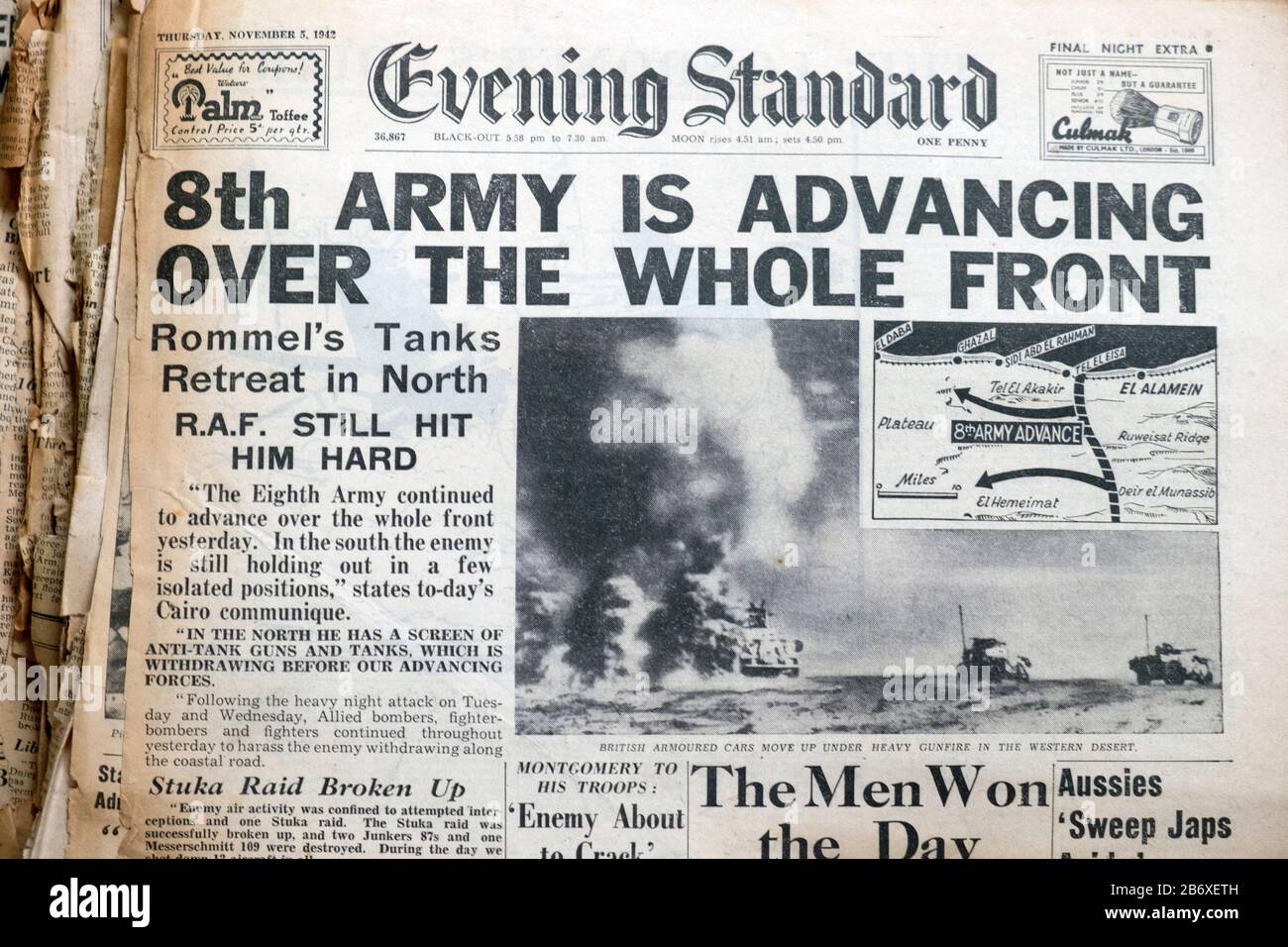 WWII World War 2 British newspaper headline "8th Army is Advancing Over