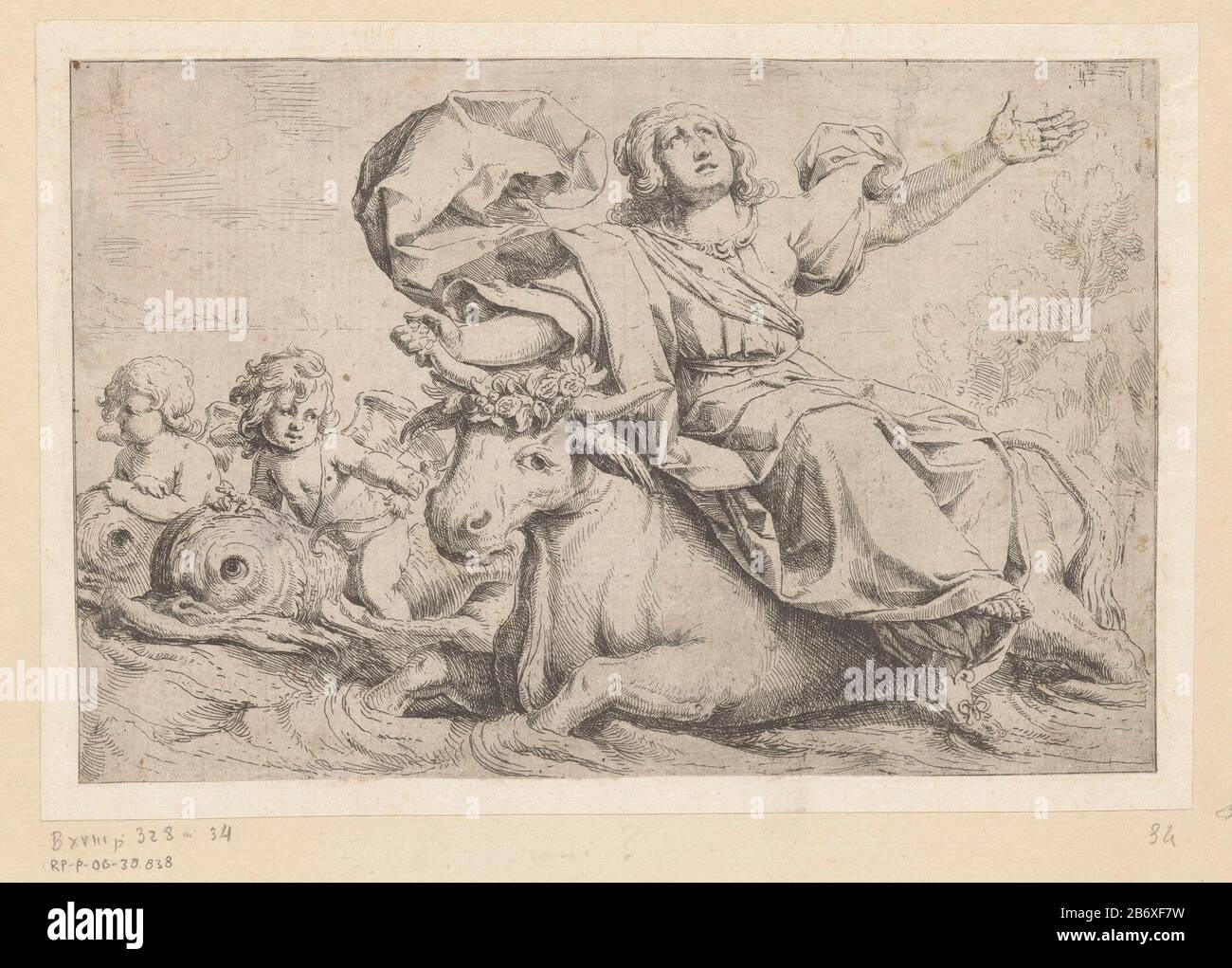 Jupiter en Europa Jupiter in the form of a bull with Europa on his back. Left two putti on dolfijnen. Manufacturer : printmaker: anonymous design by Guido ReniPlaats manufacture: Italy Date: 1600 - 1649 Physical features: etching with plate tone material: paper Technique: etching / plate tone Dimensions: sheet: H 162 mm (cut inner plate edge) × W 245 mm (cut inner plate edge)  Subject: Jupiter Benthic, usually in the shape of a white bull, abducts Europa and carries her across the watercupids' amores', 'amoretti' 'putti'swimming mammals: dolphin Stock Photo