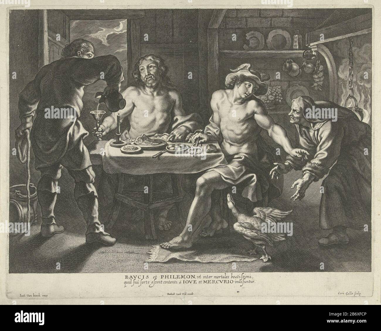 Jupiter en Mercurius in het huis van Philemon en Baucis Jupiter and Mercury sit at table in the house of the elderly couple Philemon and Baucis. Philemon Jupiter pours wine. Baucis tried fleeing goose tackle but Mercury stops her and give the old woman herkennen. Manufacturer : printmaker Cornelis Galle (I) (listed property) designed by Jan van den Hoecke (listed building) publisher: Rombout van de Velde (listed property) Place manufacture: Southern Netherlands Date: 1586 - 1650 Physical features: car material: paper Technique: engra (printing process) Dimensions: plate edge: h 274 mm × W 343 Stock Photo