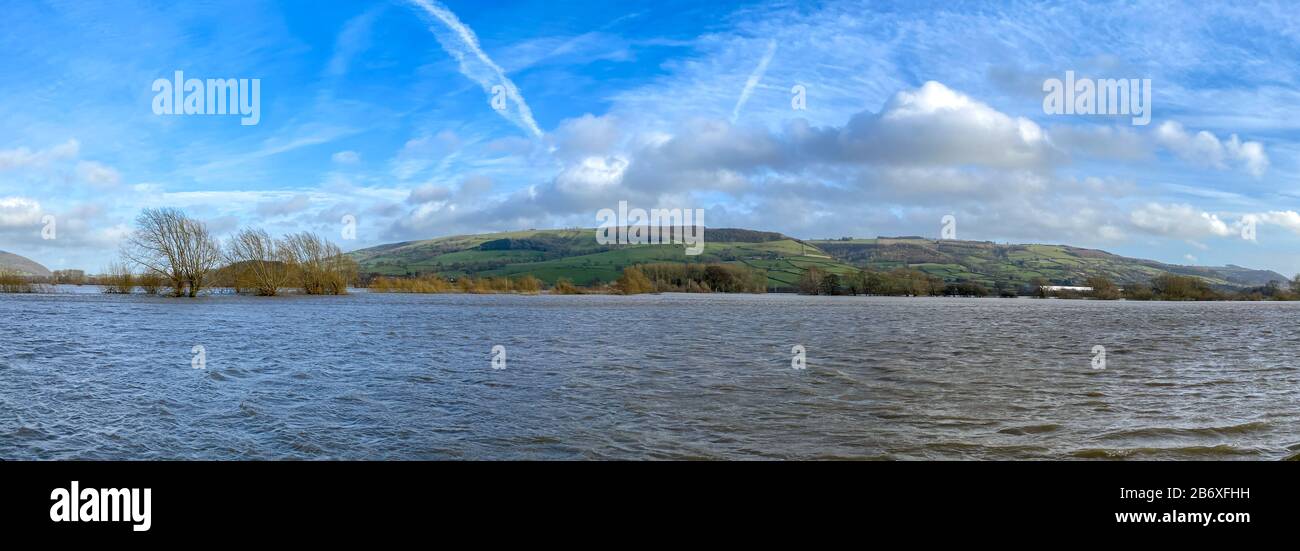 Panoramic view of farmland under water as a result of the River Severn bursting its banks after heavy rain Stock Photo