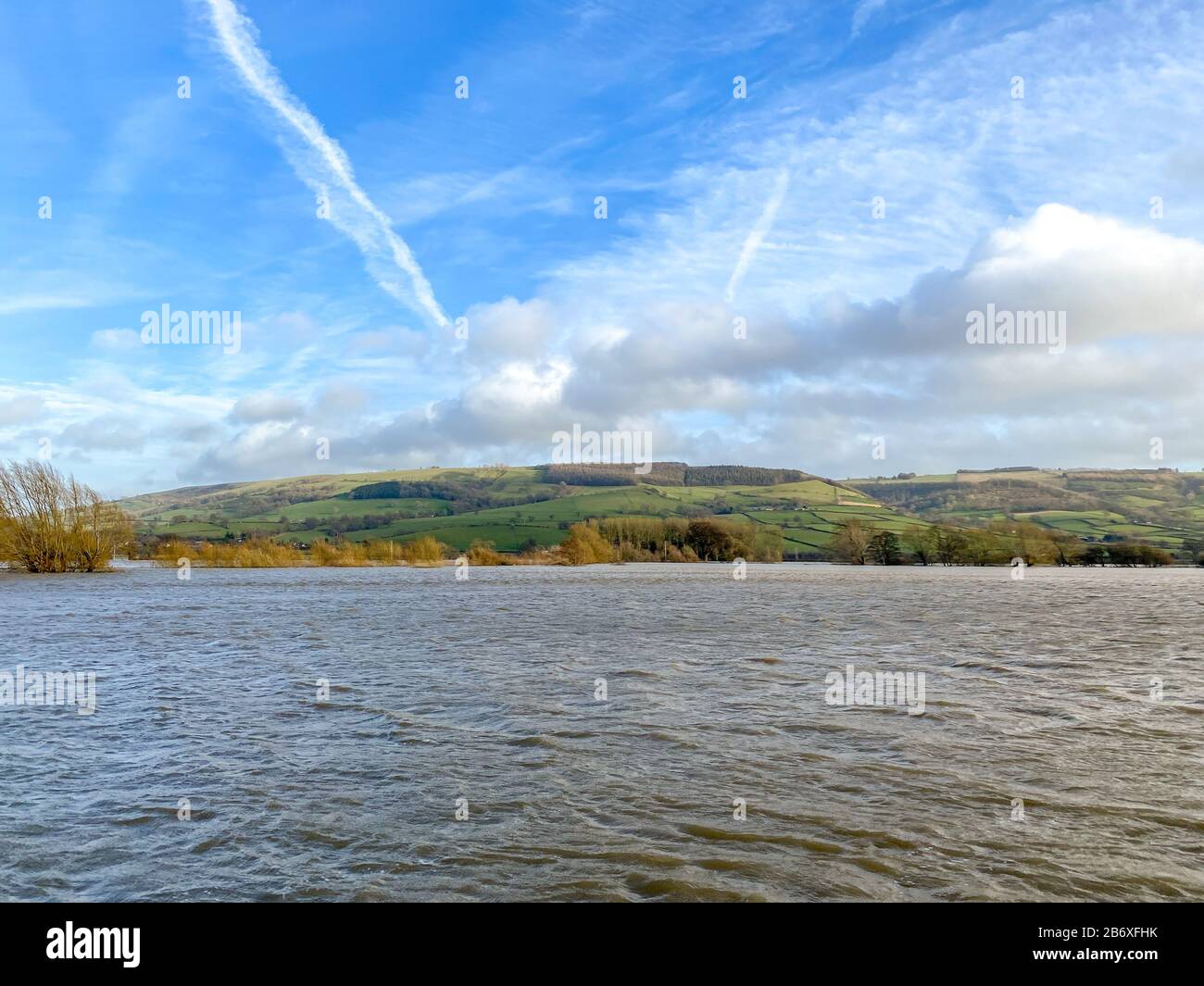 Farmland under water as a result of the River Severn bursting its banks after heavy rain Stock Photo