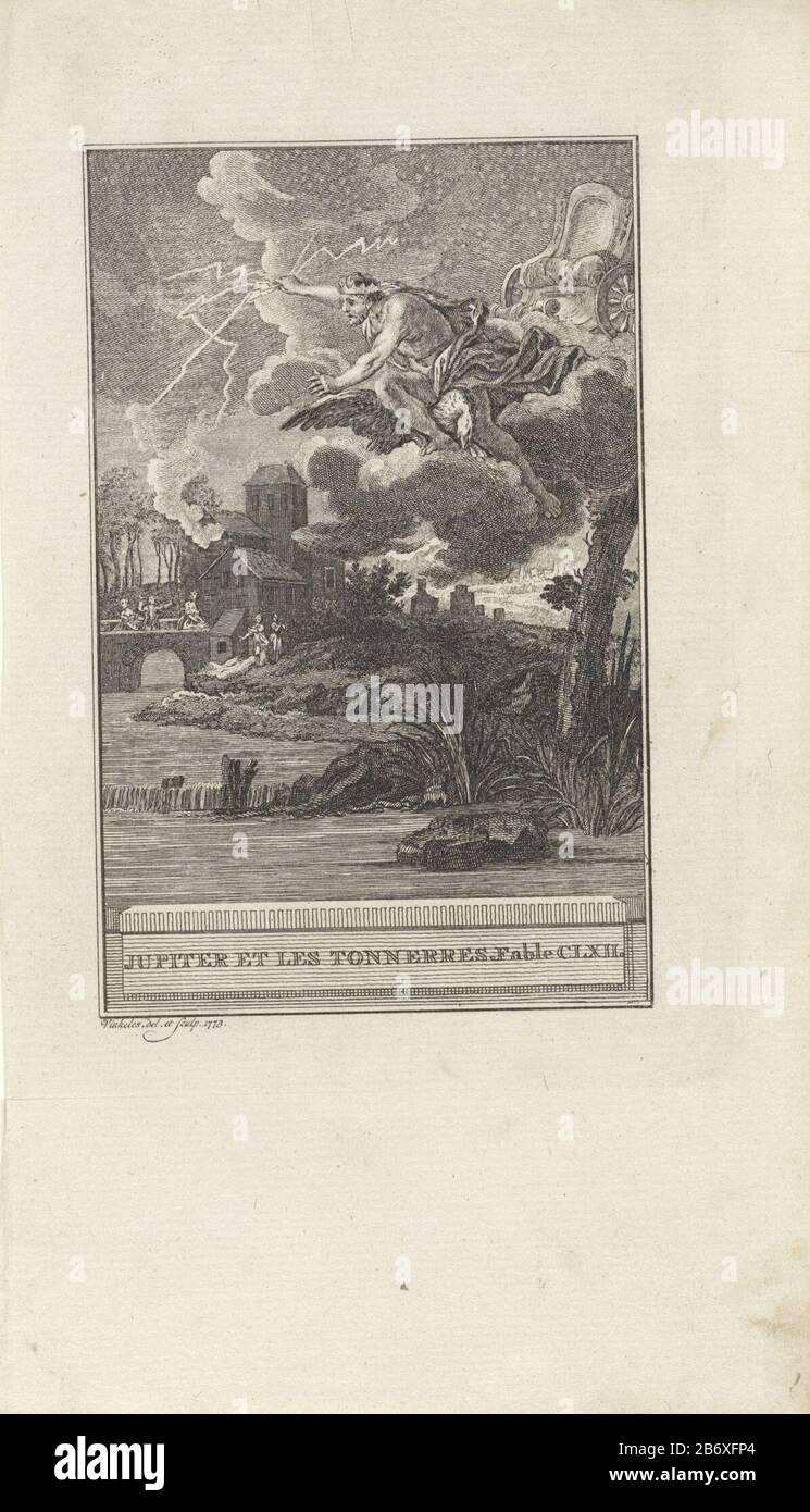 Jupiter en de donder Jupiter et les Tonnerres Fable CLXII (titel op object) From a cloudscape Jupiter throws some lightning to earth. Illustration of Fabel CLXII, Jupiter et les Tonnerres. Manufacturer : printmaker: Reinier Vinkeles (I) (listed building) Place manufacture: Amsterdam Date: 1773 Physical features: etching material: paper Technique: etching Dimensions: sheet: H 214 mm × W 124 mmToelichtingPrent Where: apparently used as an illustration in one or more editions of La Fontaine, Jean de. Fables choisies. Amsterdam: J. van Gulik, 1802. Subject: attributes of Jupiter: thunderbolt (stor Stock Photo