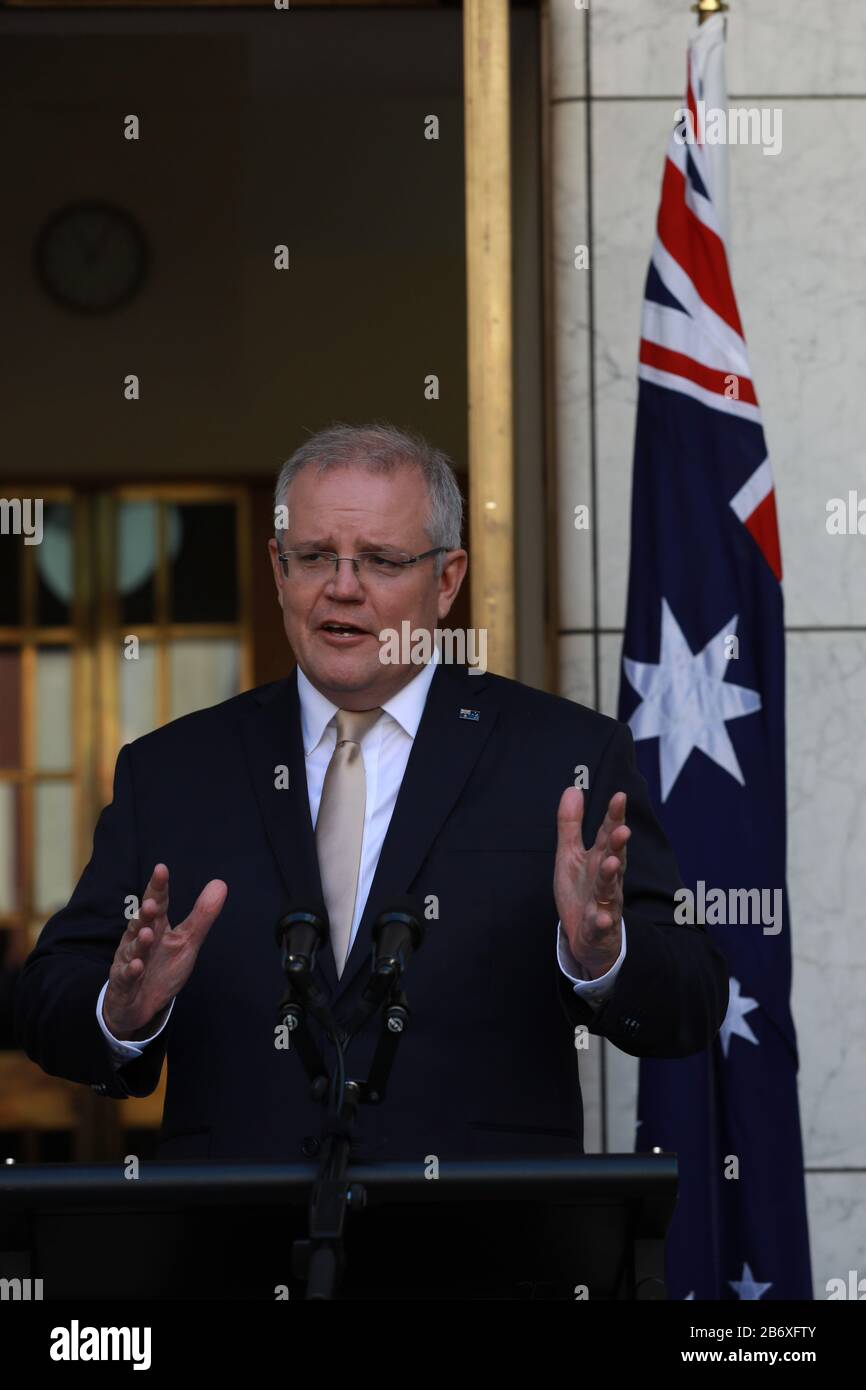 (200312) -- CANBERRA, March 12, 2020 (Xinhua) -- Australian Prime Minister Scott Morrison attends a press conference at the Parliament House in Canberra, Australia, March 12, 2020. The Australian government announced a 17.6-billion-Australian-dollar (11.35 billion U.S. dollars) coronavirus stimulus package on Thursday. The measures, which are worth more than 1 percent of Australia's Gross Domestic Product (GDP), include incentives to fast-track investment and wage subsidies for trade apprentices. (Photo by Chu Chen/Xinhua) Stock Photo