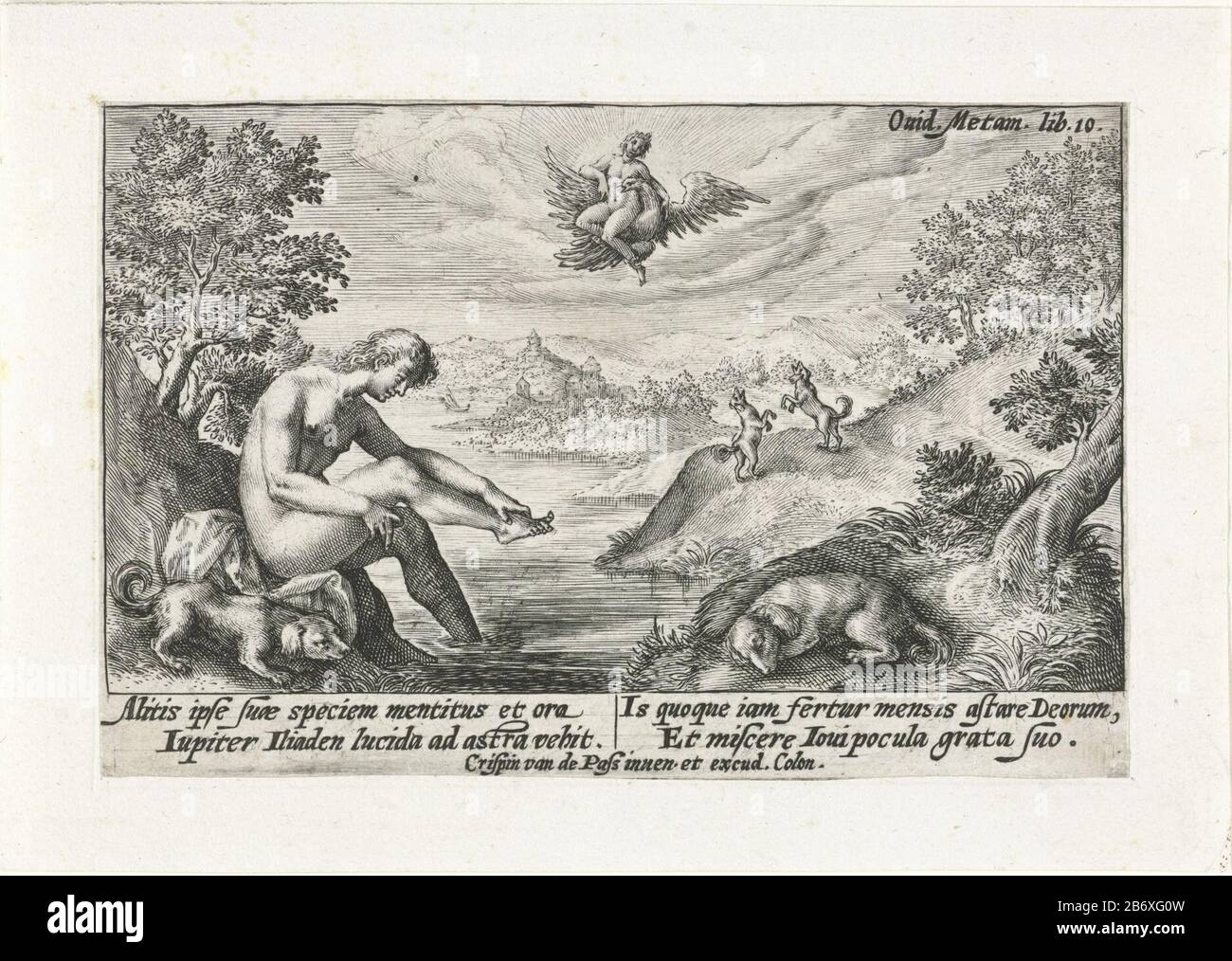 Jupiter ontvoert Ganymedes Metamorfosen van Ovidius (serietitel) Shepherd Ganymede basking on the banks of a river. Jupiter fell in love with him because of its exceptional beauty. In the background is flying Jupiter, in the form of an eagle, with Ganymede to Olympus. In the margin of a four-line signature, in two columns, in the Latijn. Manufacturer : print maker: Crispijn of de Passe (I) in its design: Crispijn of de Passe (I) (shown on object) writer, John Posthiusuitgever: Crispijn of de Passe (I) (listed building) Place manufacture: Cologne Date: 1602 - 1607 Physical features: car materia Stock Photo