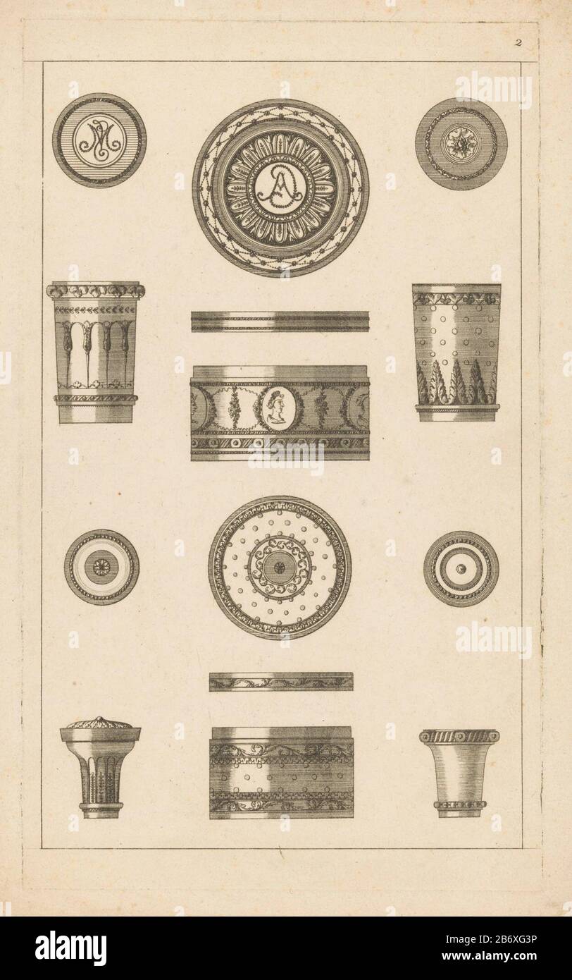 Juwelendozen, knoppen en zegels Cahier de Bijouteries dans le Gout Moderne,  Comme Boites, Pommes-de-Cannes, Bagues, Cachets, Boucles d'Oreilles &c  (serietitel op object) Designing for four ornamented buttons canes (left  and right), four