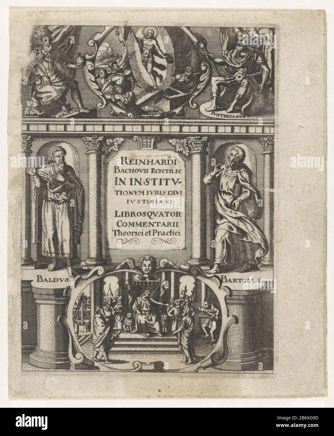 Juristen Baldus en Bartolus en keizers Karel V en Justinianus Titelpagina voor Reiner Bachoff von Echt, In institutionum iuris divi Iustiniani Libros Quator, 1643 Juristen Baldus the Ubaldis and Bartolus the Saxoferrato standing in niches flanking a tablet with title. At the top, seating the enthroned Emperor Charles V and Justinian on both sides of a cartridge with the resurrection of Christ from the grave. On the underside a cartouche with figures around a ruler on a troon. Manufacturer : print maker: anonymous publisher: Johann Godfrey Schönwetter (possible) Place manufacture: Frankfurt Dat Stock Photo
