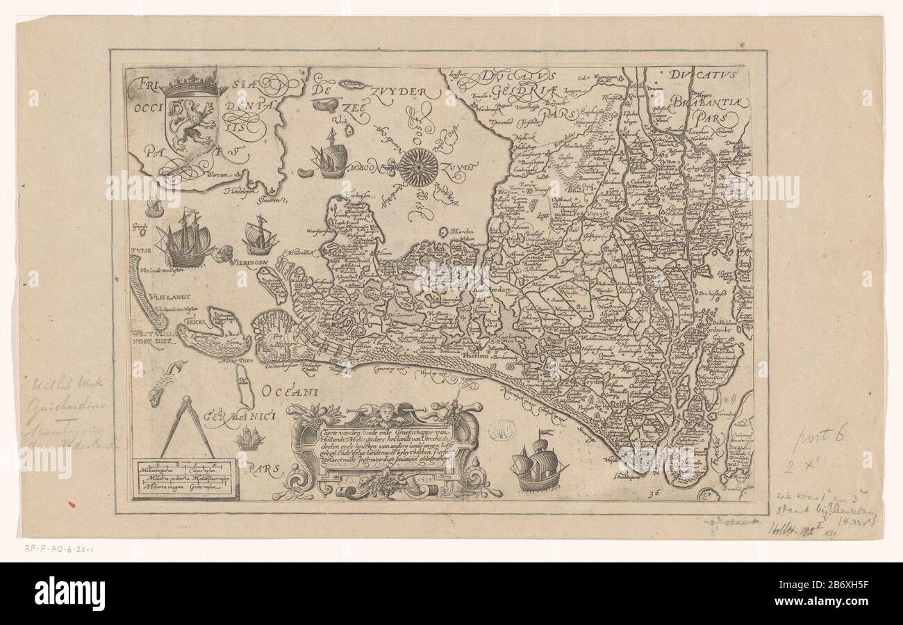 Map of the county of Holland glory Utrecht parts of Friesland, Gelderland and Brabant, 1589. Top left of the county Holland weapon . Bottom left a compass and below scale three poles: Miliaria Parua / Cleijne leagues; Miliaria meditoria / Middelbaer miles; Miliaria Magna / Great leagues. Right the title cartouche. Markings on the plate in Dutch and Latin. Numbered bottom right: 36. Orientation: north links. Manufacturer : printmaker Jan Saenredam (listed building), designed by Jacob van Deventer (rejected attribution) to print by Abraham Orteliusuitgever: Willem Janszoon Blaeu Place manufactur Stock Photo