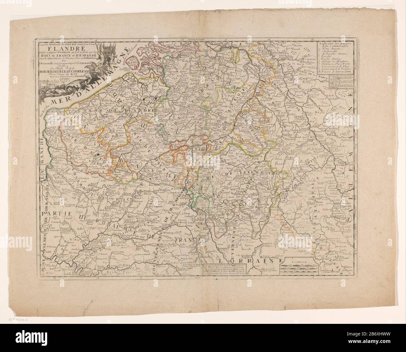 Map of VlaanderenLa meridional partie des Pays Bas, connue sous le nom de Flandre (...) (title object) Object type: picture postcard Item number: RP-P-AO-18-31Catalogusreferentie: Number of states known-2 (two or more) Description: Map of Flanders. Top left a cartouche with title, command and weapon of the king of France. Top right two boxes with the symbols. Under the right of the middle frame with a text and a frame with three poles scale: only 30 Milles Milles Geometriques ou d'Italie / 7 1/2 lieues d'Allemagne to 10 au Degre / 12 lieues comunes de France a 20 au Degre. The card has a degre Stock Photo