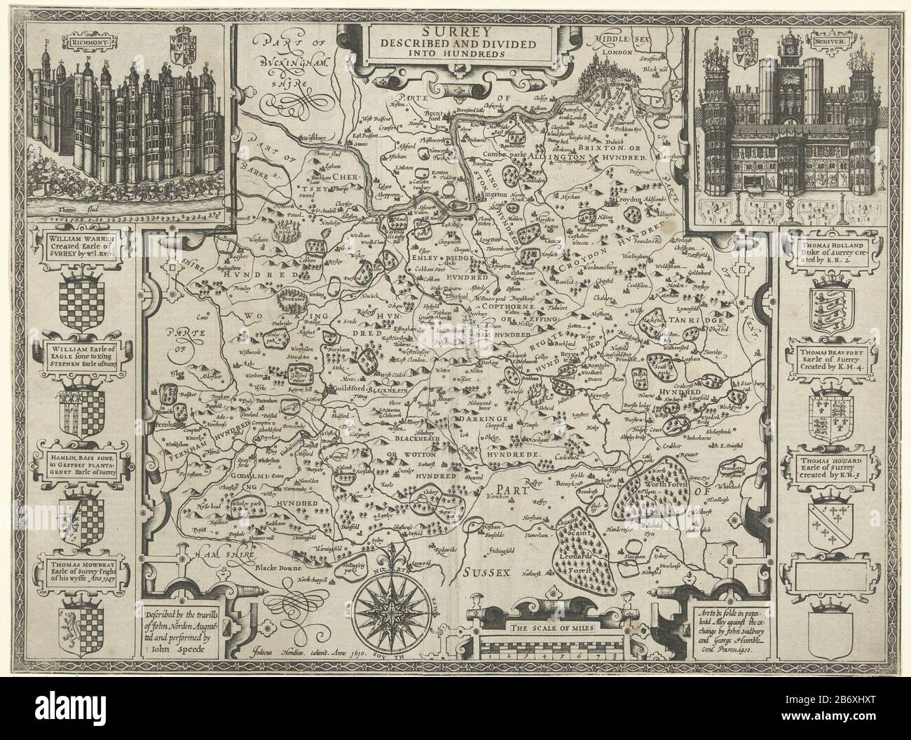 Kaart van Surrey Surrey described and divided into hundreds (titel op object) Map of Surrey, with a right face on the top left Nonsuch and a view of Richmond. Top center the title in a cartouche. Left and right a number of weapons and cartridges, Where: right some unfilled. Down a compass and a schaal. Manufacturer : printmaker: Jodocus Hondius (I) (listed building) Writer: John Norden (listed property) provider of privilege unknown (listed property) Place manufacture: London Date: 1610 Physical features: engra and etching; printing verso material: paper Technique: engra (printing process) / e Stock Photo