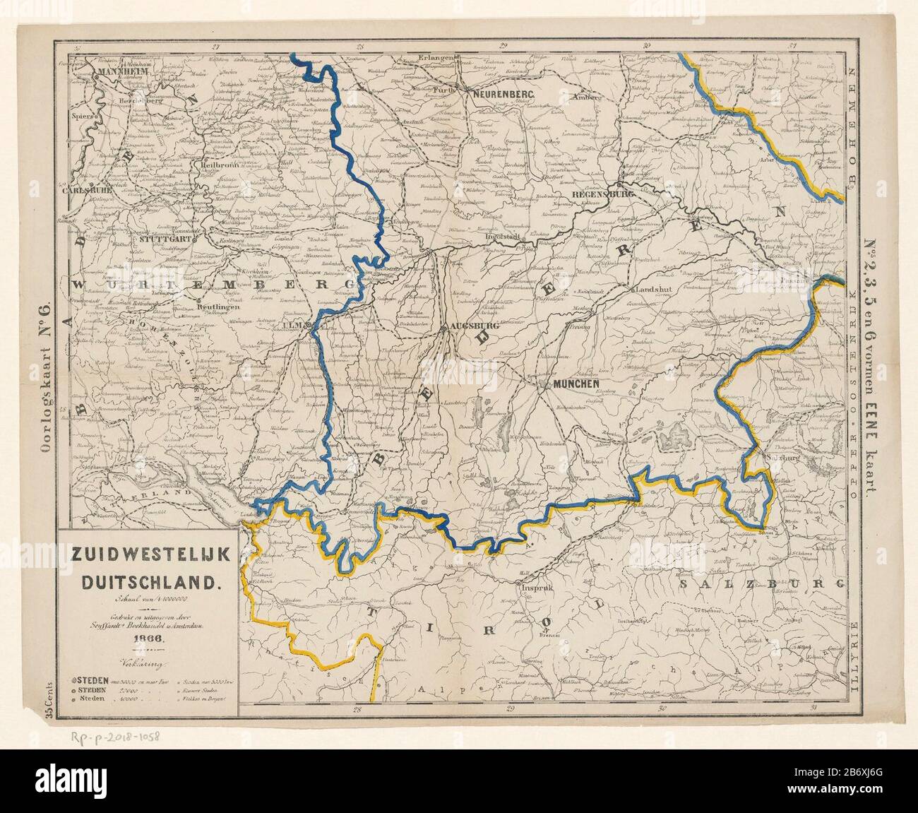 Kaart van Zuidwest-Duitsland Zuidwestelijk Duitschland (titel op object)  Left numbered 3. Manufacturer : printmaker: anonymous printer: bookshop in  Amsterdam Seijffardt (listed object) publisher: bookshop in Amsterdam  Seijffardt (listed property) Place ...