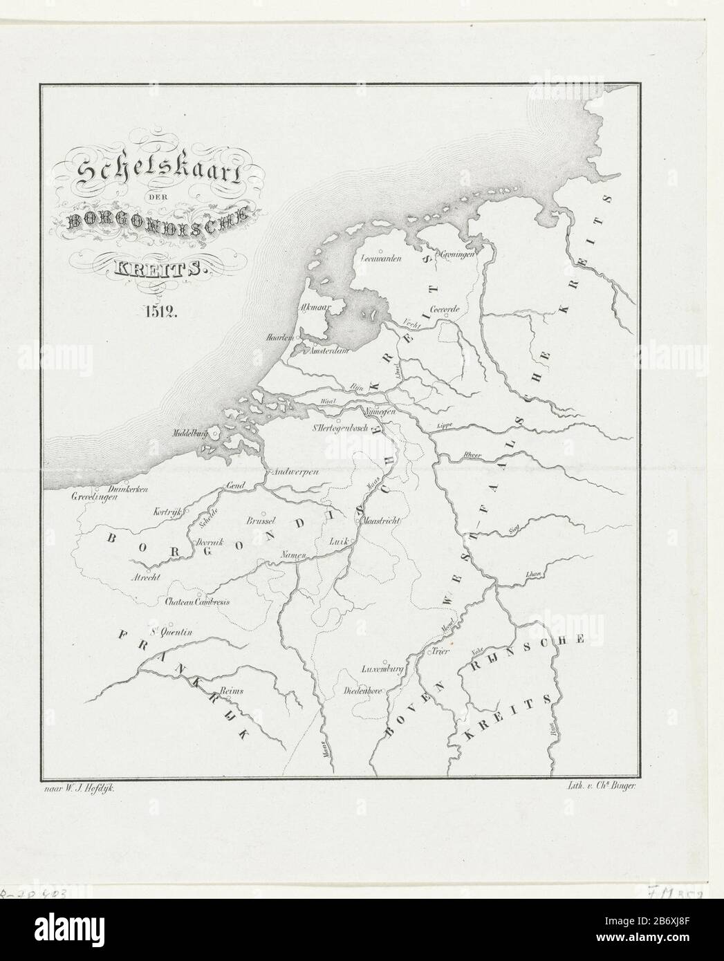 Kaart van de Bourgondische kreits, 1512 Schetskaart der Borgondische Kreits 1512 (titel op object) Map of the Burgundian Circle, 1512 Manufacturer : design by Willem Jacob Hofdijk (listed building) printer Charles Binger (listed property) Place manufacture: Netherlands Date: 1853 - 1861 Physical features: lithography material: paper technique: lithography (technique) Dimensions: paper: h 240 mm × W 203 mmToelichtingIllustratie for Jacob van Lennep, the history of the fatherland in sketches and images, Binger, Amsterdam 1855-1861, 8 parts, pl. XXIII. Subject: maps of separate countries or regio Stock Photo