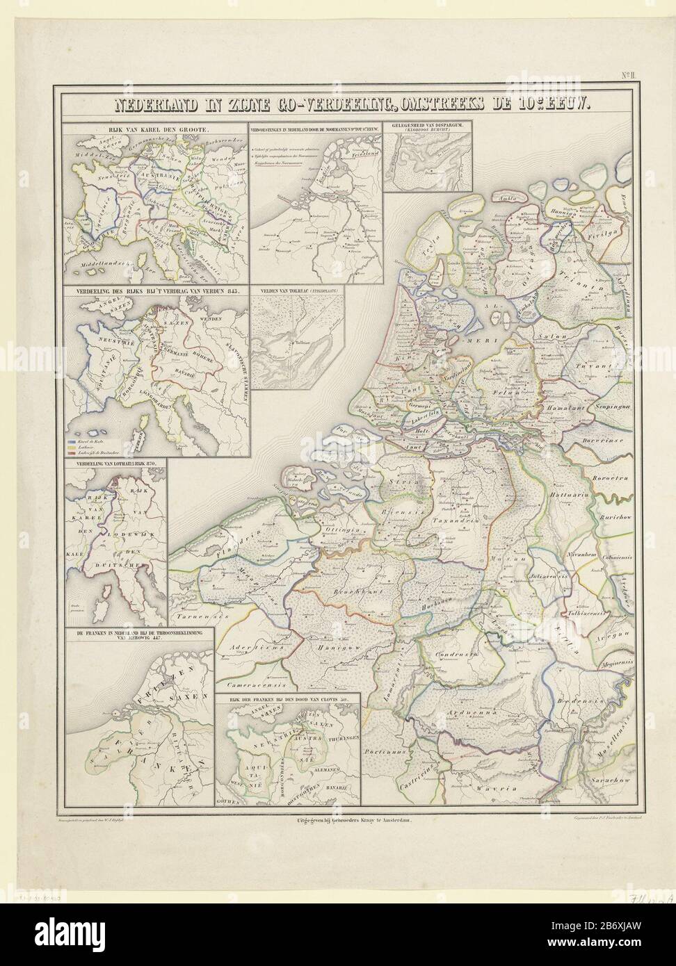 Kaart van de Nederlanden omstreeks de tiende eeuw Nederland in zijne  Go-verdeeling, omstreeks de 10e eeuw (titel op object) Map of the  Netherlands around the tenth century. With various inserts with eight