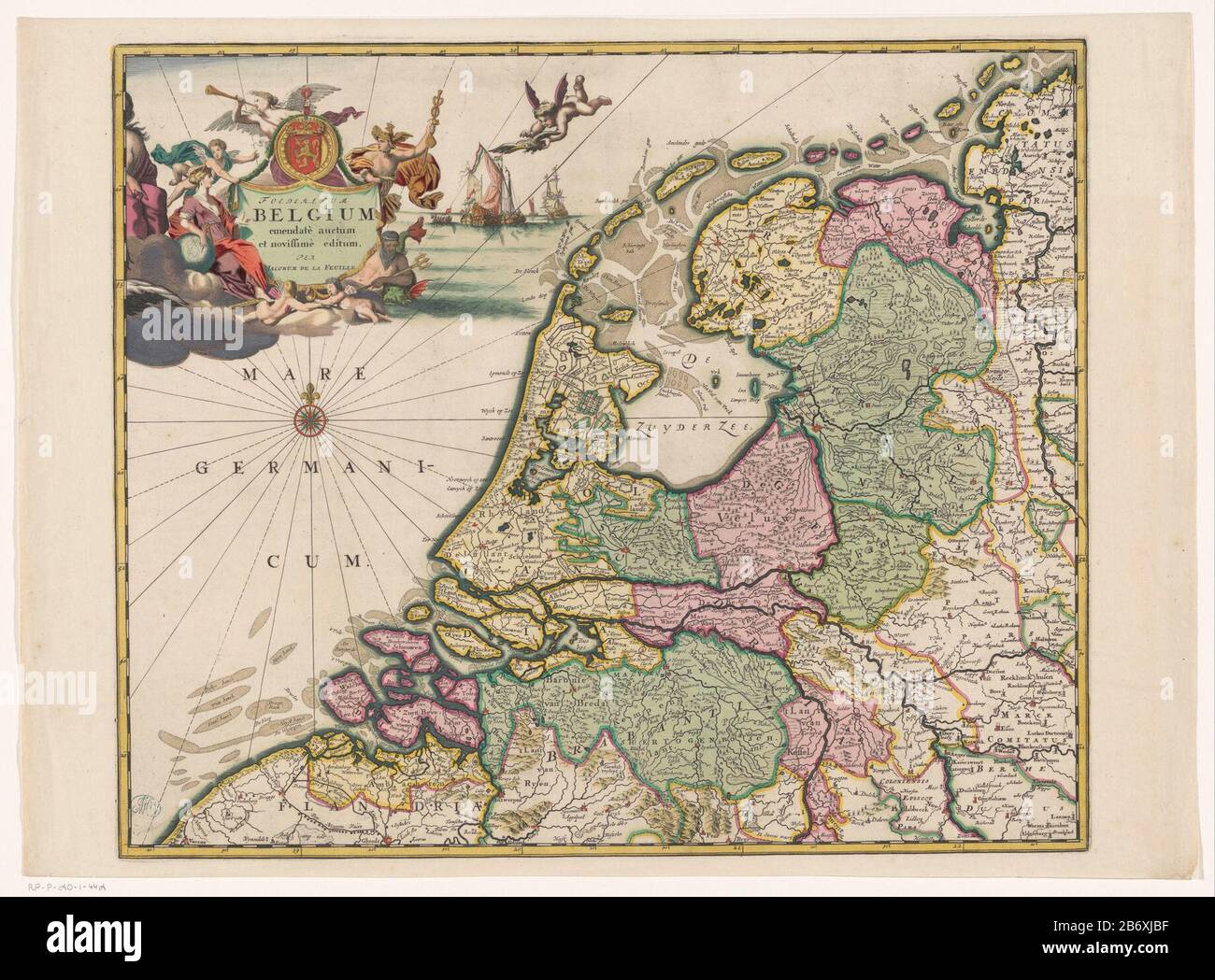 Kaart van de Republiek der Zeven Verenigde Nederlanden en een deel van het Heilige Roomse Rijk Foederatum Belgium (titel op object) Top left cartouche with title and the coat of arms of the Republic, around it are depicted several figures: muse Urania Fama, Mercury, Neptune and some putti. Degrees distribution along the randen. Manufacturer : print maker: anonymous publisher: Jacob de la feuille (indicated on object) Place manufacture: Amsterdam Dated: after 1696 Physical characteristics: etching and engra, hand-colored material: paper Technique: engra (printing process) / etching / using the Stock Photo