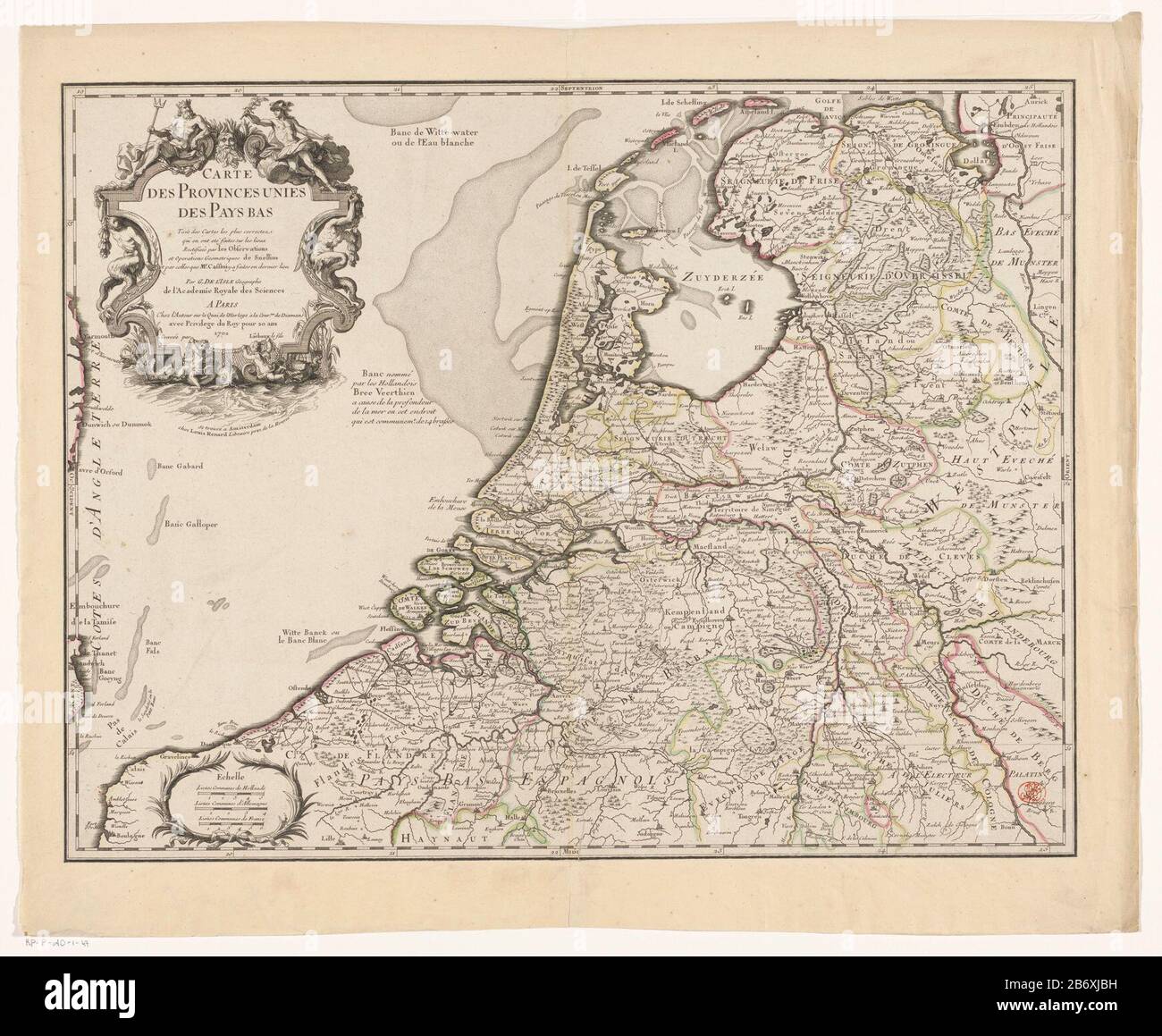 Kaart van de Republiek der Zeven Verenigde Nederlanden Carte des Provinces  Unies des Pays Bas (titel op object) Top left cartouche with title,  cartouche are Neptune, Mercury, two newts and two putti