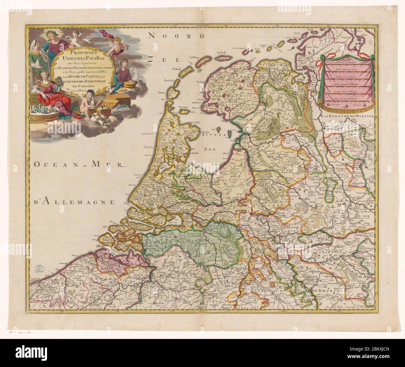 Kaart van de Republiek der Zeven Verenigde Nederlanden Provinces-Unies des  Pays-Bas avec leurs acquisitions dans la Flandre (titel op object) links  title cartouche surrounded are some figures and items symbolize prosperity  of