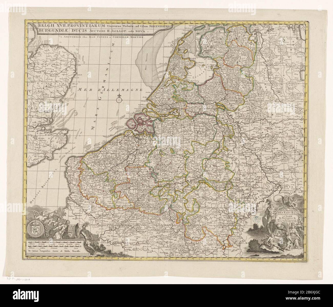 Map of Seventeen ProvinciënBelgii XVII Provintiarum Universalist Tabula ad Usum Serenissimi (...) (title object) XVII Provinces des Pays-Bas (...) (title object) Object type: picture postcard Item number RP-P-AO-1-26ACatalogusreferentie: Van der Heijden 237-4 (4) Description: Map of the Seventeen Provinces. Right a cartouche with three putti, a soldier and a farmer. Bottom left two shell sticks cartouche with fighting soldiers and a shield: Milli Aria Germanica COMMUNIA and Milli Aria Gallica COMMUNIA. Along the edges of the print a degree distribution. The print features a zoekrooster. Manufa Stock Photo