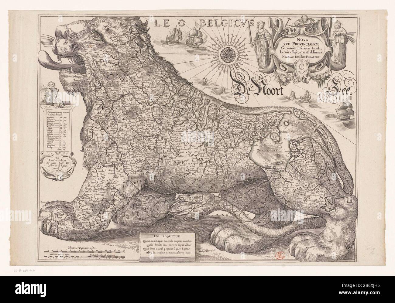 Map of the Seventeen Provinces in the form of the Dutch Lion. Right the title cartouche, with the bottom of the monogram of Claes Janszoon Visscher. Around the cartouche personification of the virtues Justice (Justice), Faith (Faith) and Moderation (Temperantia). In the North Sea, sailing vessels and seals. Left a cartouche with the names of the provinces and the number of cities per province. Bottom left three shell poles 18 Ghemene Duytsche miles / 14 High Walsche miles / 11 Neerlantsche mijlen. Manufacturer : printmaker: Hessel Gerritsznaar own design: Hessel Gerritszuitgever: Claes Jansz. Stock Photo