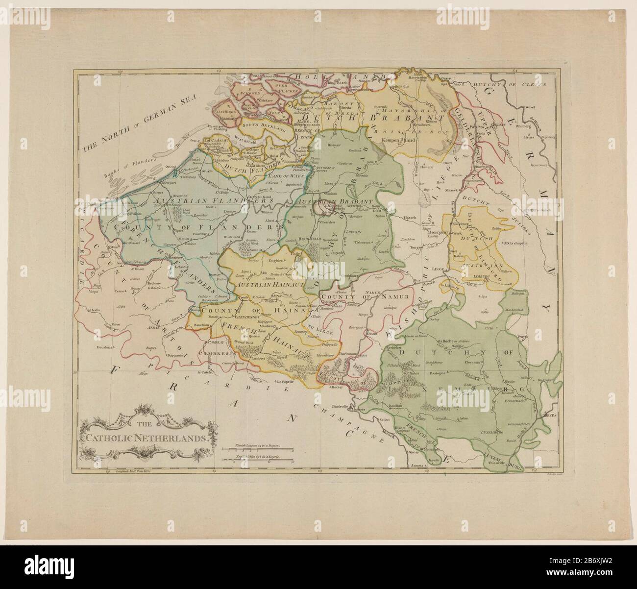 Kaart van de Zuidelijke Nederlanden The Catholic Netherlands (titel op object) Map of the Southern Netherlands. Links Under the title cartouche. Right scale these two poles: 10 24 Flemish Leagues in a Degree / 30 English Miles 69 1/2 at a Degree. The card has a degree distribution along the randen. Manufacturer : printmaker John Lodge (I) (listed building) printmaker John Lodge (II) (listed building) Place manufacture: printmaker: London Print Author: Islington Dating: approx 1780 Physical features : engra, hand-colored material: paper Technique: engra (printing process) / hand-color measureme Stock Photo