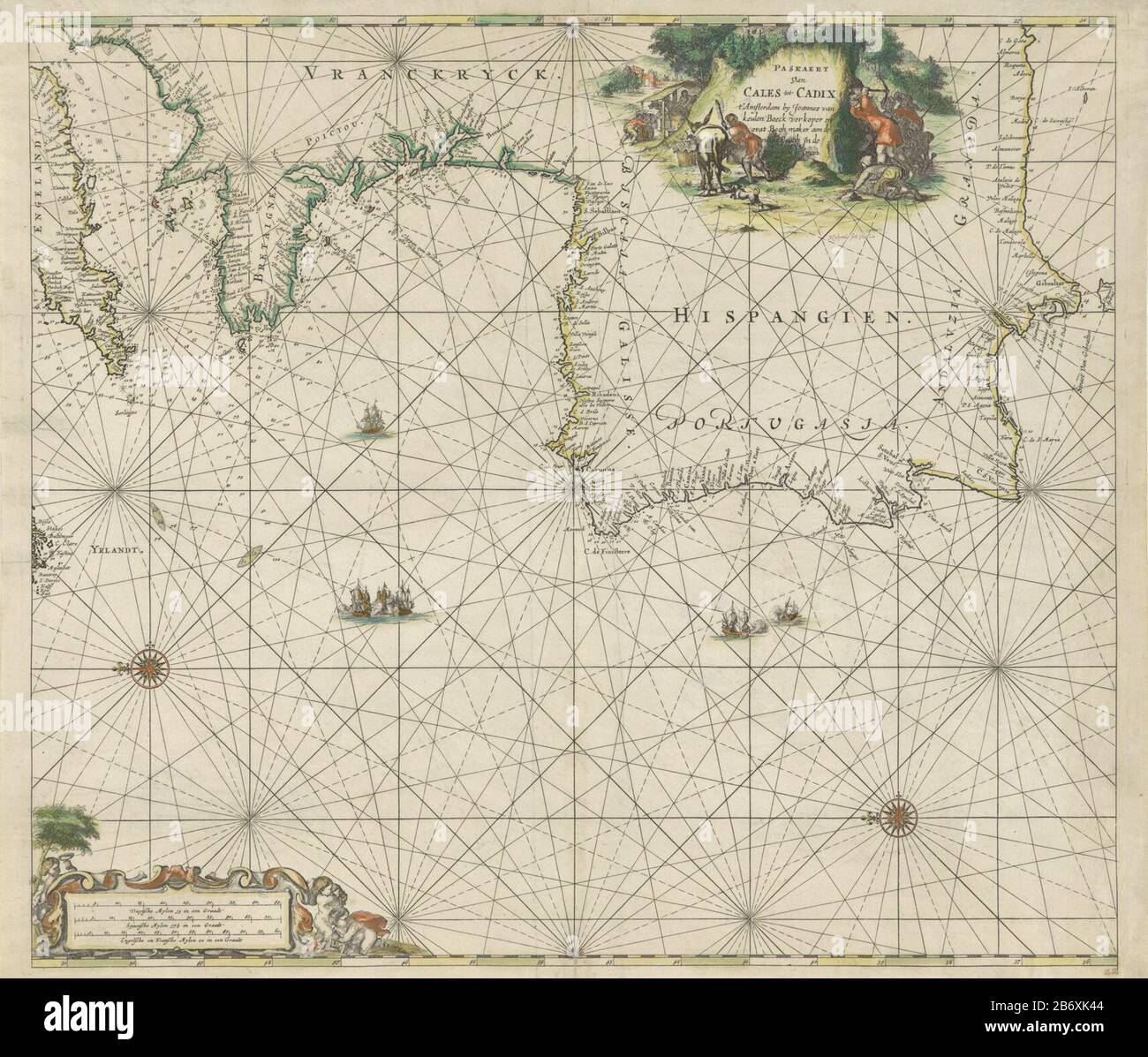 Kaart van de kust tussen Calais en Cadiz Paskaert van Cales tot Cadix  (titel op object) Map of the coast between Calais and CadizPaskaert Cales  to Cadiz (title object) Object type: picture