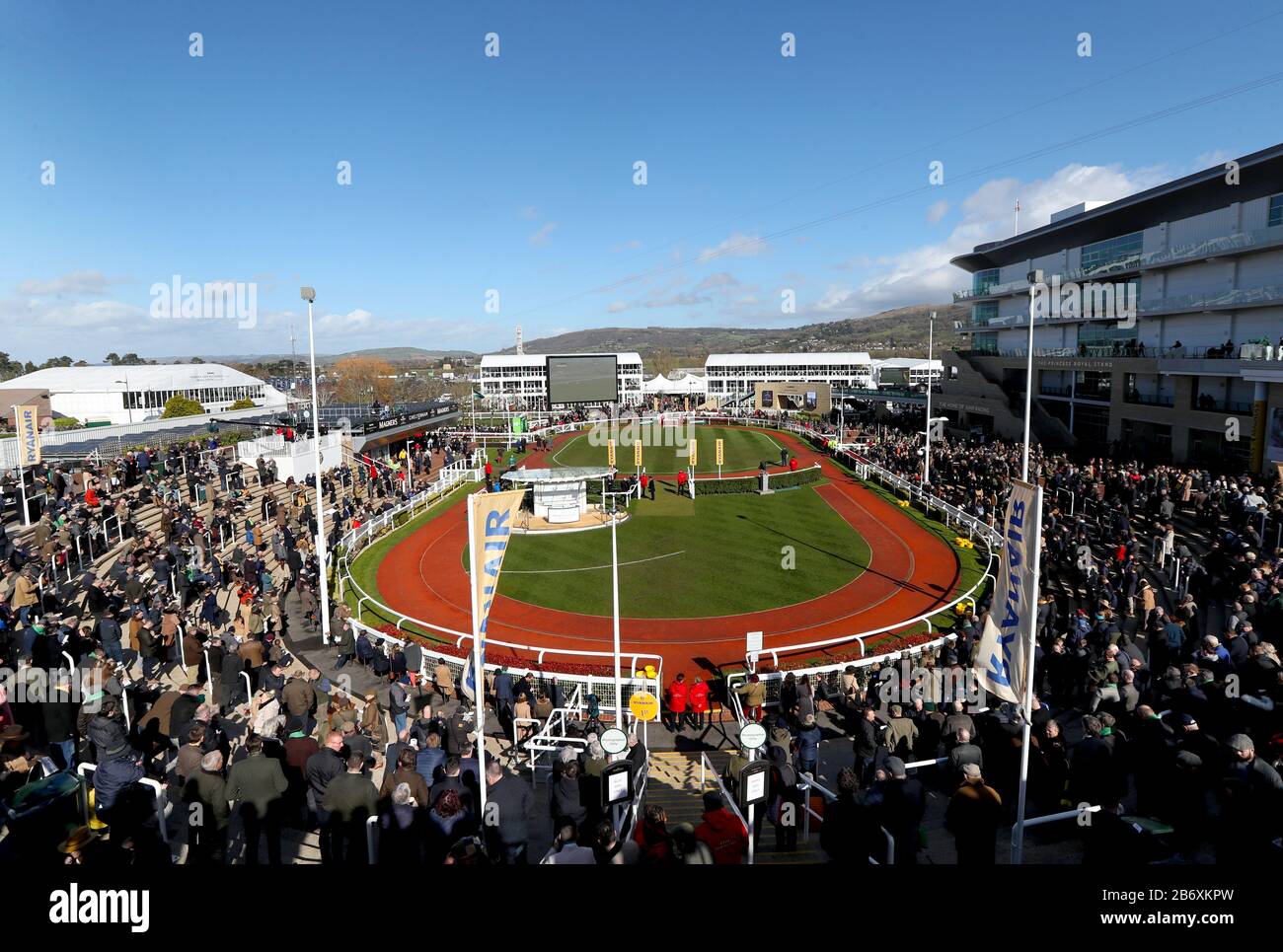 General view of the parade ring during day three of the Cheltenham Festival at Cheltenham Racecourse. Stock Photo