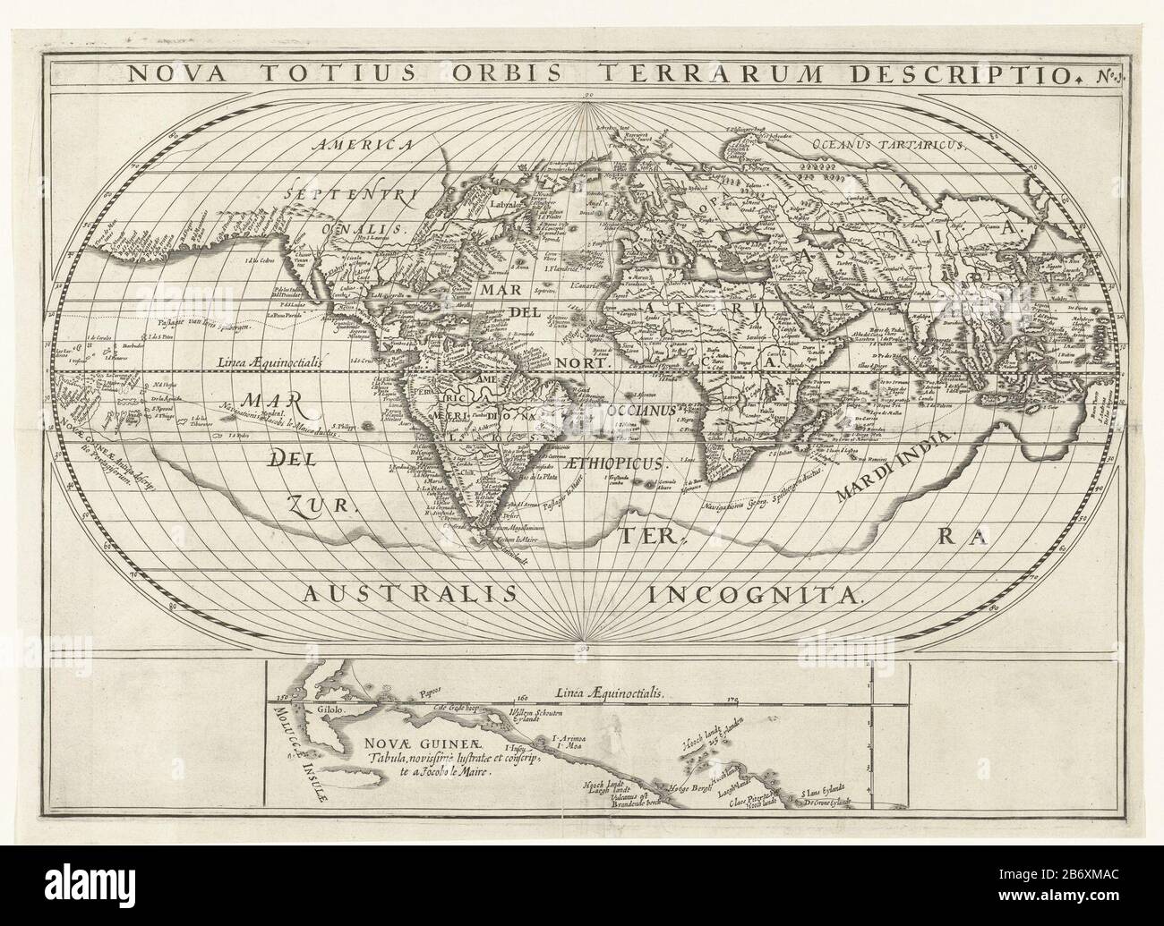 Kaart van de wereld met de reizen van Joris van Spilbergen en Jacob le Maire om de wereld, 1614-1617 Nova Totius Orbis Terrarum Descriptio (titel op object) Map of the world Where: are indicated on the travel of Joris van Spilbergen and Jacob le Maire around the world, from 1614 to 1617. Down a detail of the north coast of New Guinea. Part of the illustrations in the report of the trip Joris van Spilbergen around the world, 1614-1617, No. 1. Manufacturer : print maker: anonymous location manufacture: Northern Netherlands Date: 1617-1619 and / or 1646 Physical characteristics: engra material: p Stock Photo