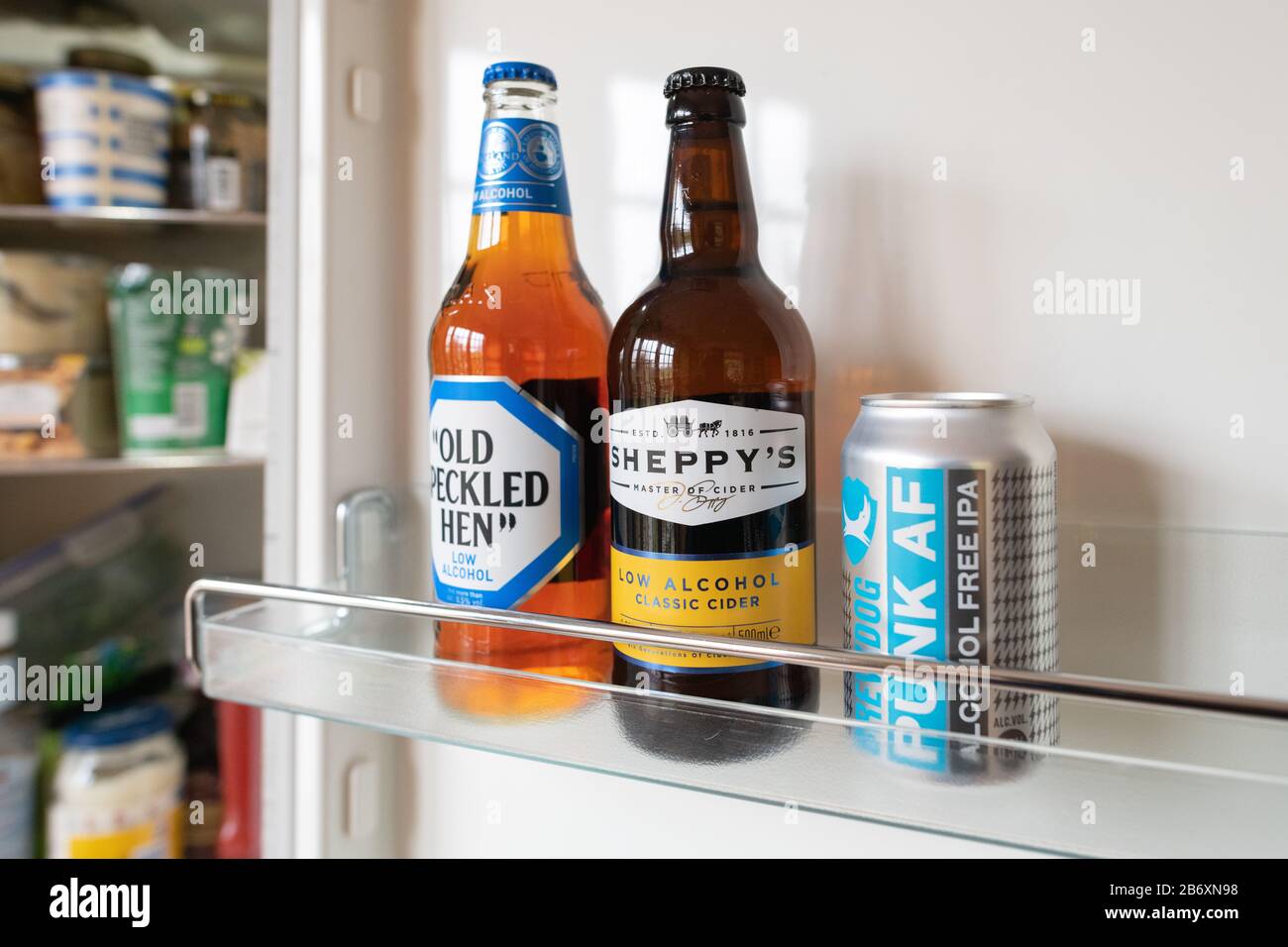 No and low (nicknamed nolo) alcoholic drinks in domestic fridge door - Scotland, UK Stock Photo