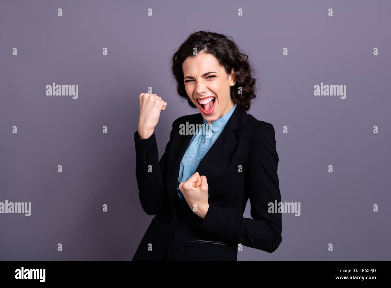 Portrait of ecstatic lady youth shout yeah dressed black blazer classy ...