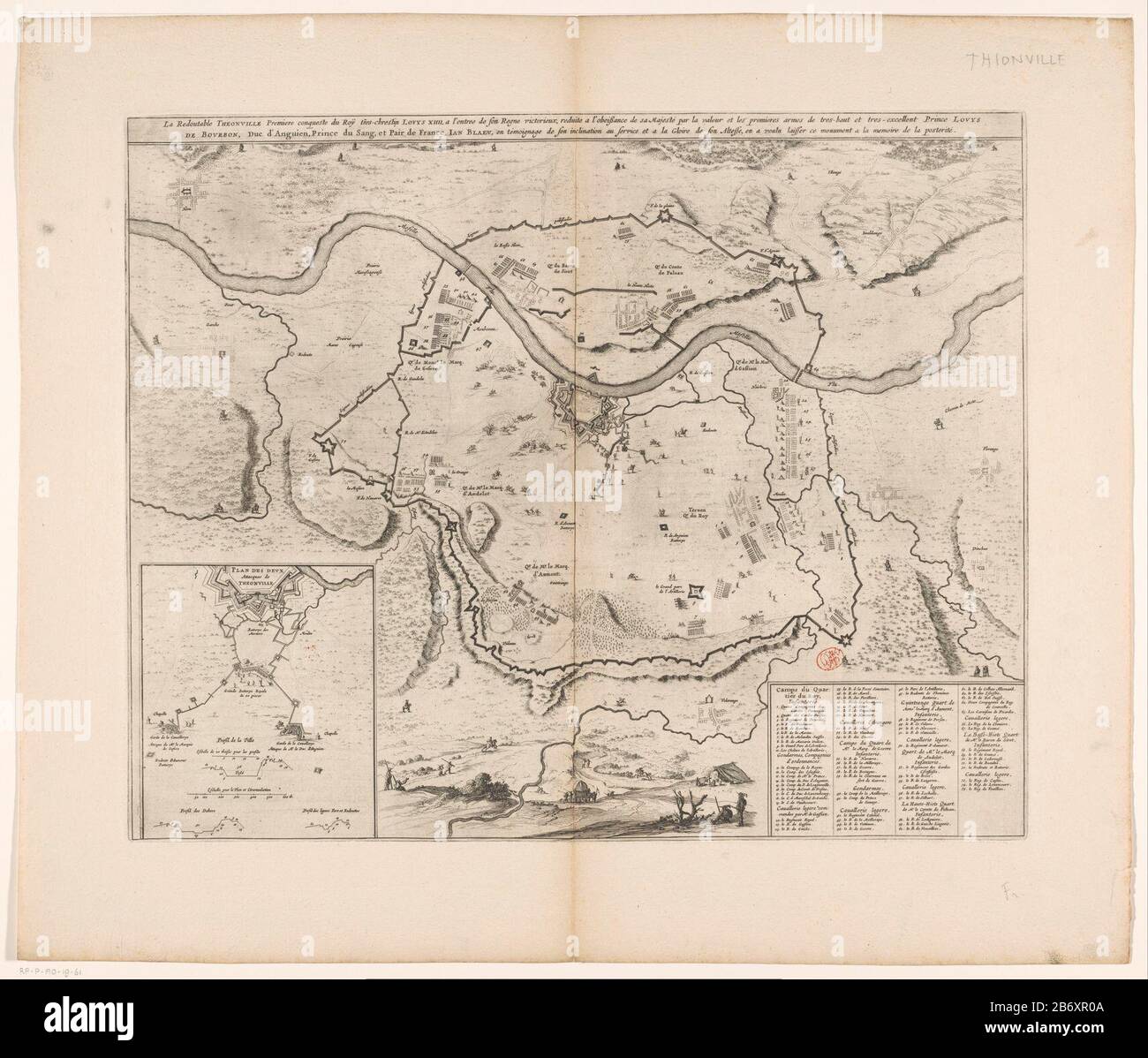 Kaart van het beleg van Thionville, 1643 La redoutable Theonville premiere  conqueste du roy tres-chrestin (titel op object) map of the siege of the  city of Thionville by the French army on
