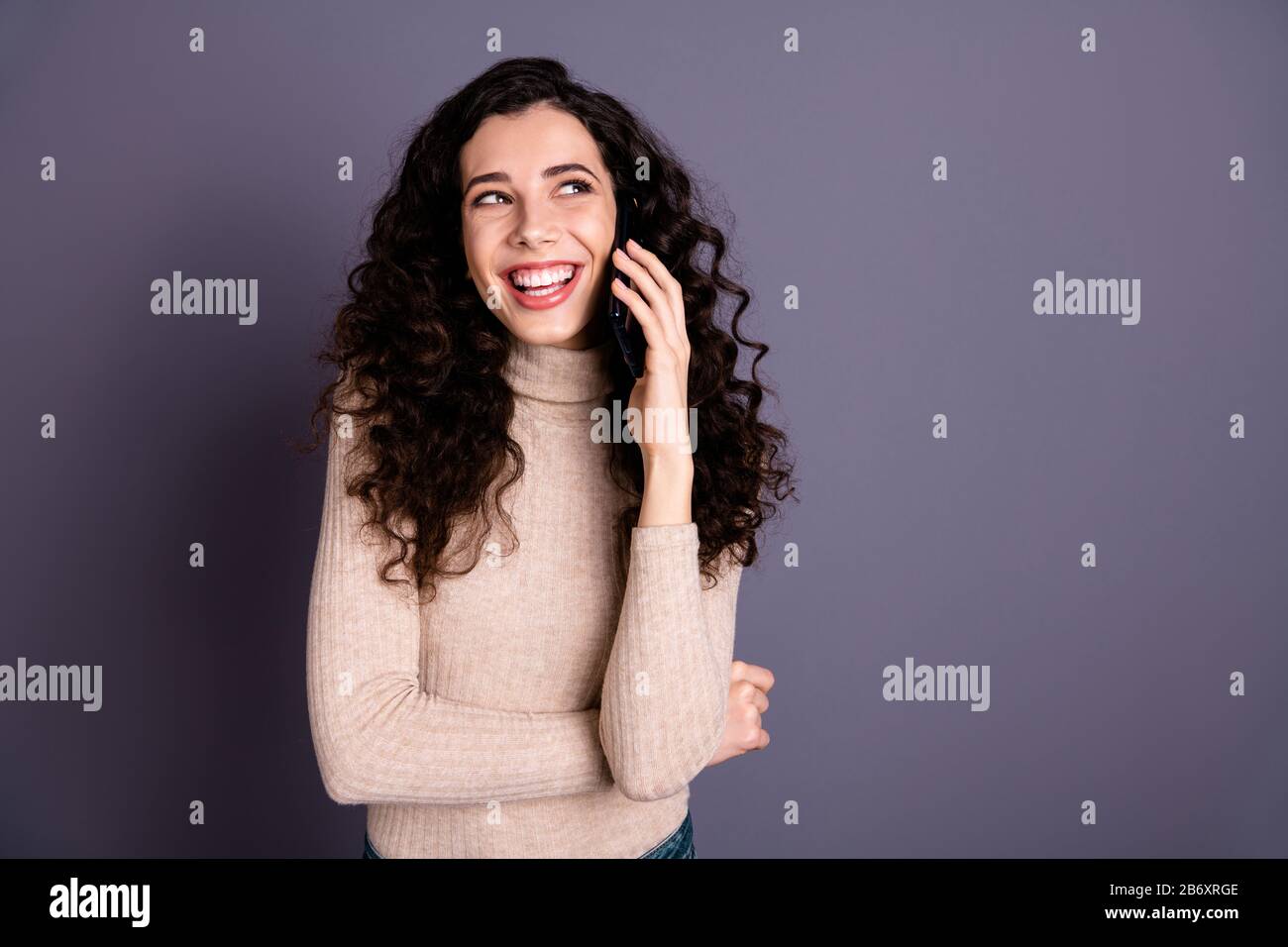 Close up photo attractive funny she her lady hold hands arms telephone