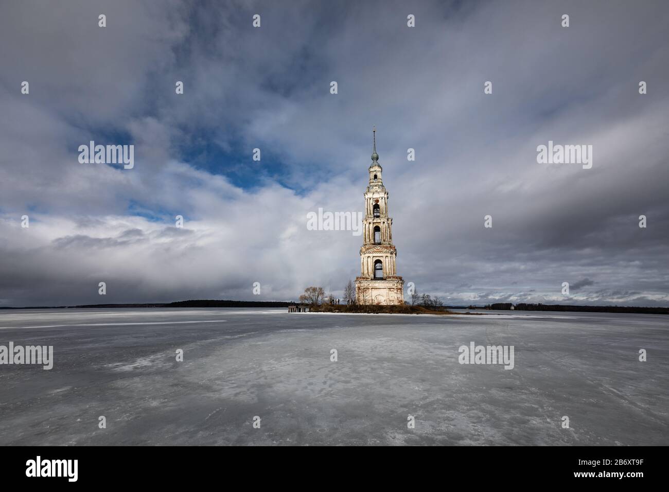 Kalyazin drowned bell tower winter landscape frozen lake Stock Photo