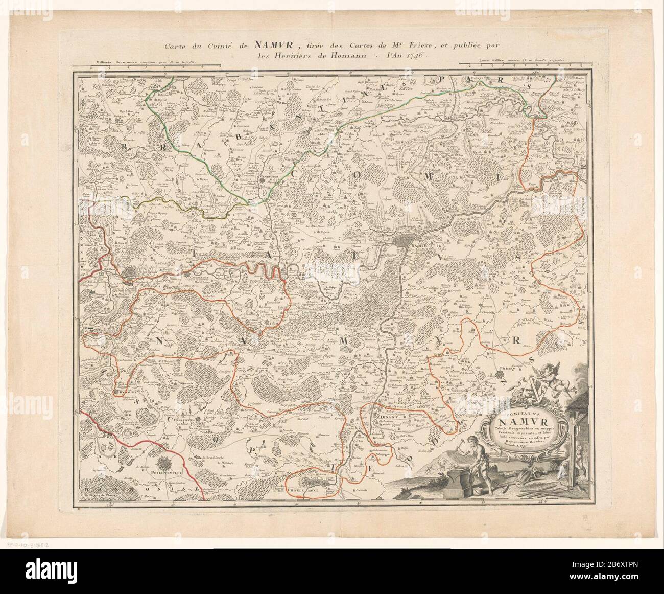 Map of the county of Namur. Above the map title and two bowl poles: 2 Milli Aria Germanica commun. fluoro. 15. Graduation in / 3 Leucae Gallicae minores 25. Graduation in existentes. Bottom right took a title cartouche with the arms of the county and a performance by a blacksmith in a forge. The card has a degree distribution along the randen. Manufacturer : printmaker: anonymous cartographer: Eugene Henry Fricx (to) cartographer: inherit Johann Baptista Homann (listed building) publisher: inherit Johann Baptista Homann (listed property) Place manufacture: Nuremberg Date: 1746 Physical charact Stock Photo