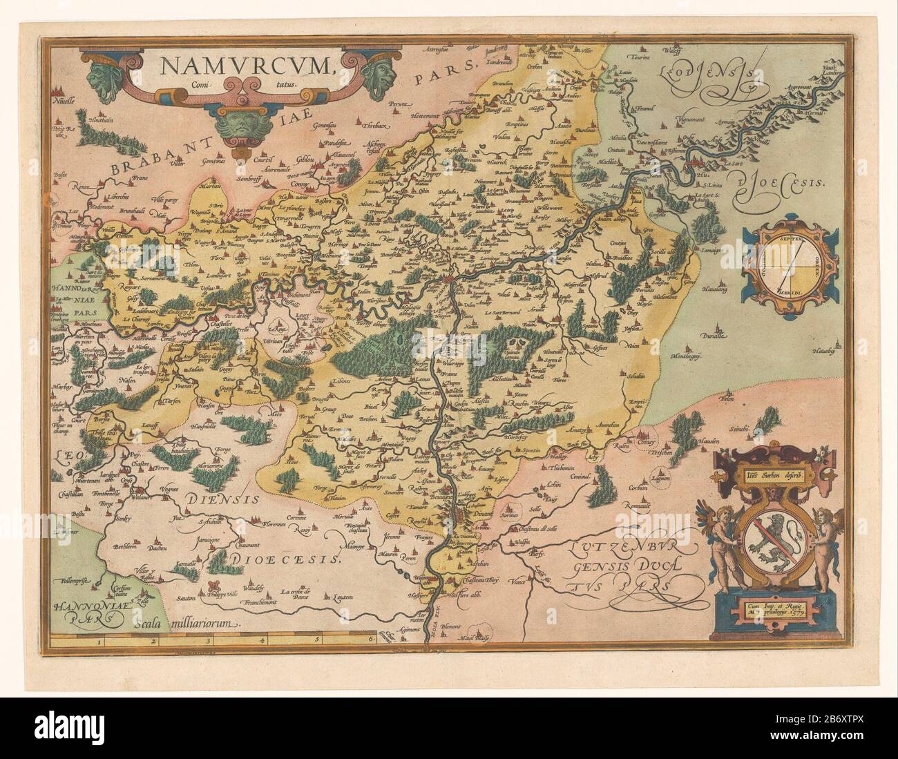 Kaart van het graafschap Namen Namurcum (titel op object) Map Names of the county. Top left the title cartouche. Bottom left a scale bar: 6 Scala milliariorum. Right a cartouche with the arms of the county of Namur. With Latin text on verso. Manufacturer : printmaker: anonymous to drawing: Jean Surhon (listed building) Publisher: Officina Plantinianaverlener of privilege: Matthias of Austria (Roman-German emperor) (listed building) Place manufacture: Antwerp Date: 1592 Physical features: gravure, hand-colored; with text on verso printing material: paper Technique: engra (printing process) / ha Stock Photo