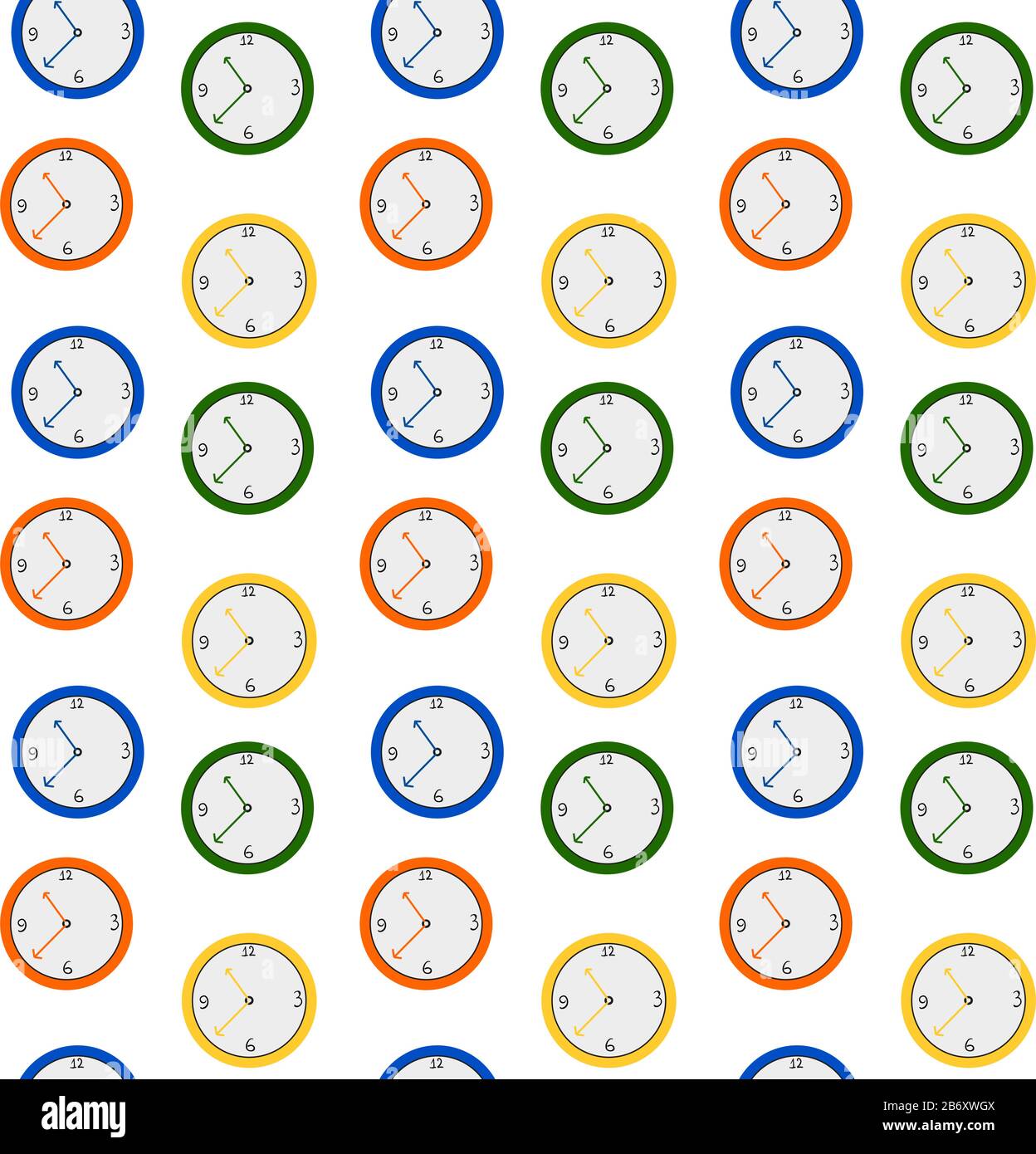 Clocks pattern, illustration, vector on white background Stock Vector