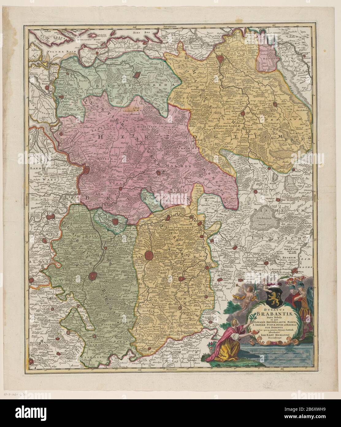 Kaart van het hertogdom Brabant Ducatus Brabantiae nova tabula in qua Lovanii Bruxellarum (titel op object) Map of the Duchy of Brabant. Right Under the title cartouche above the arms of the Duchy of Brabant and scale under two poles: Milli Aria Germanica Communia 15 in uno Graduation / Milli Aria Gallica sive Horae Itineris 20 in uno Graduation. The card has a degree distribution along the randen. Manufacturer : printmaker: anonymous editor: Johann Baptista Homann (listed property) Place manufacture: Nuremberg Date: 1674 - 1724 Physical features: engra, hand-colored material: paper Technique: Stock Photo