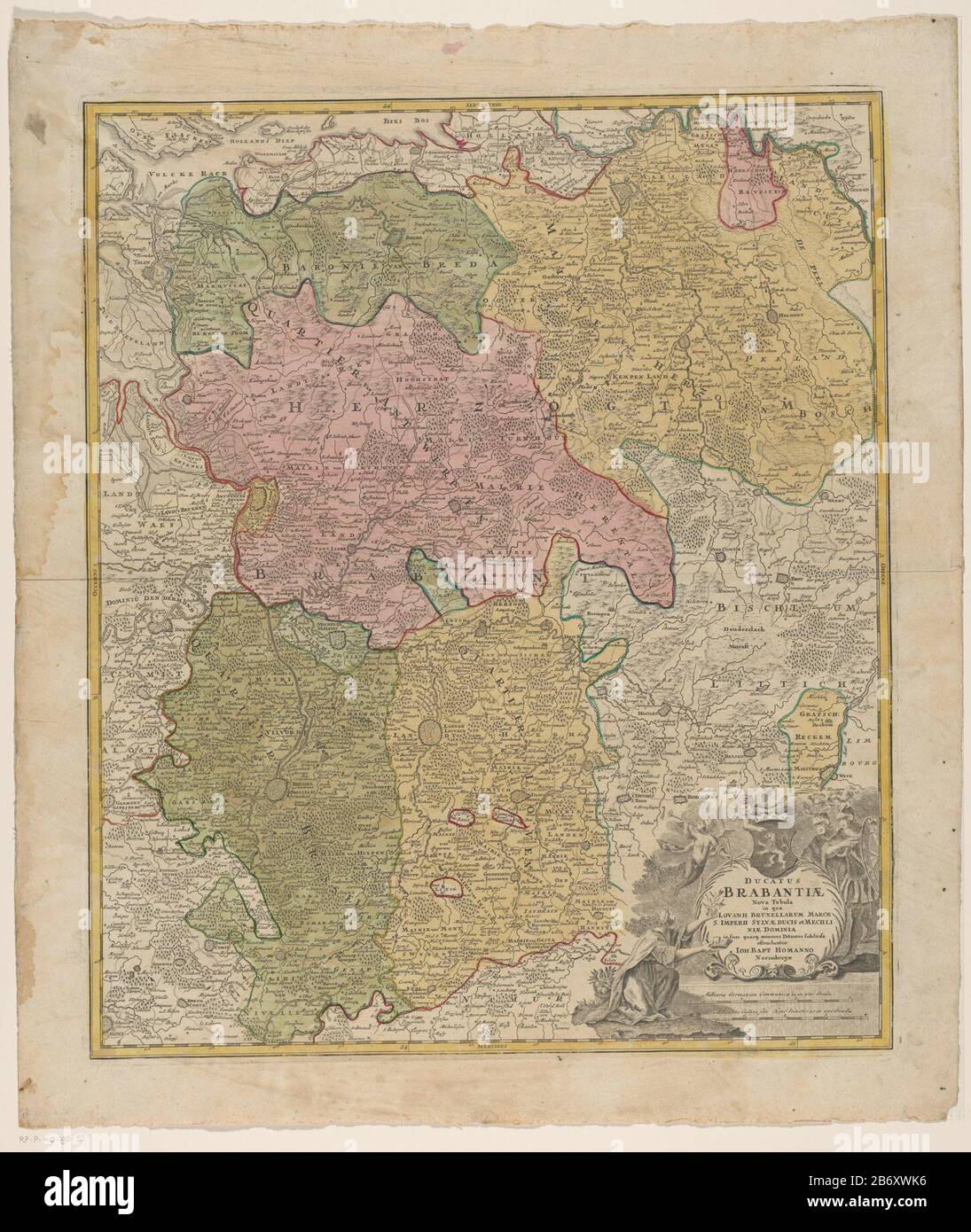 Kaart van het hertogdom Brabant Ducatus Brabantiae nova tabula in qua Lovanii Bruxellarum (titel op object) Map of the Duchy of Brabant. Right Under the title cartouche above the arms of the Duchy of Brabant and scale under two poles: Milli Aria Germanica Communia 15 in uno Graduation / Milli Aria Gallica sive Horae Itineris 20 in uno Graduation. The card has a degree distribution along the randen. Manufacturer : printmaker: anonymous editor: Johann Baptista Homann (listed property) Place manufacture: Nuremberg Date: 1674 - 1724 Physical features: engra, hand-colored material: paper Technique: Stock Photo