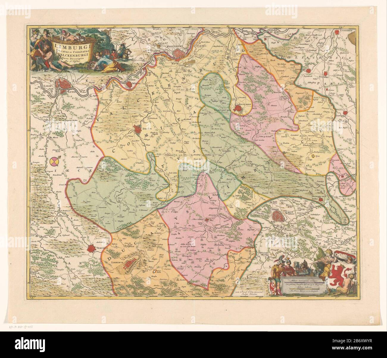 Kaart van het hertogdom Limburg en het graafschap Valkenburg Limburgi ducatus et comitatus Valckenburgi (titel op object) Map of the Duchy of Limburg and the county Valkenburg. Top left the title cartouche. Right a cartouche with the arms of the Duchy of Limburg and two shell sticks: A nasty Duytsche Myl 15 in graed / A France Myl 20 in graed. The card has a degree distribution along the randen. Manufacturer : printmaker: anonymous publisher: Nicolaes Visscher (I) (listed building) publisher: Nicolaes Visscher (II) (listed building) publisher: widow Nicolaes Visscher (II) (possibly) provider o Stock Photo
