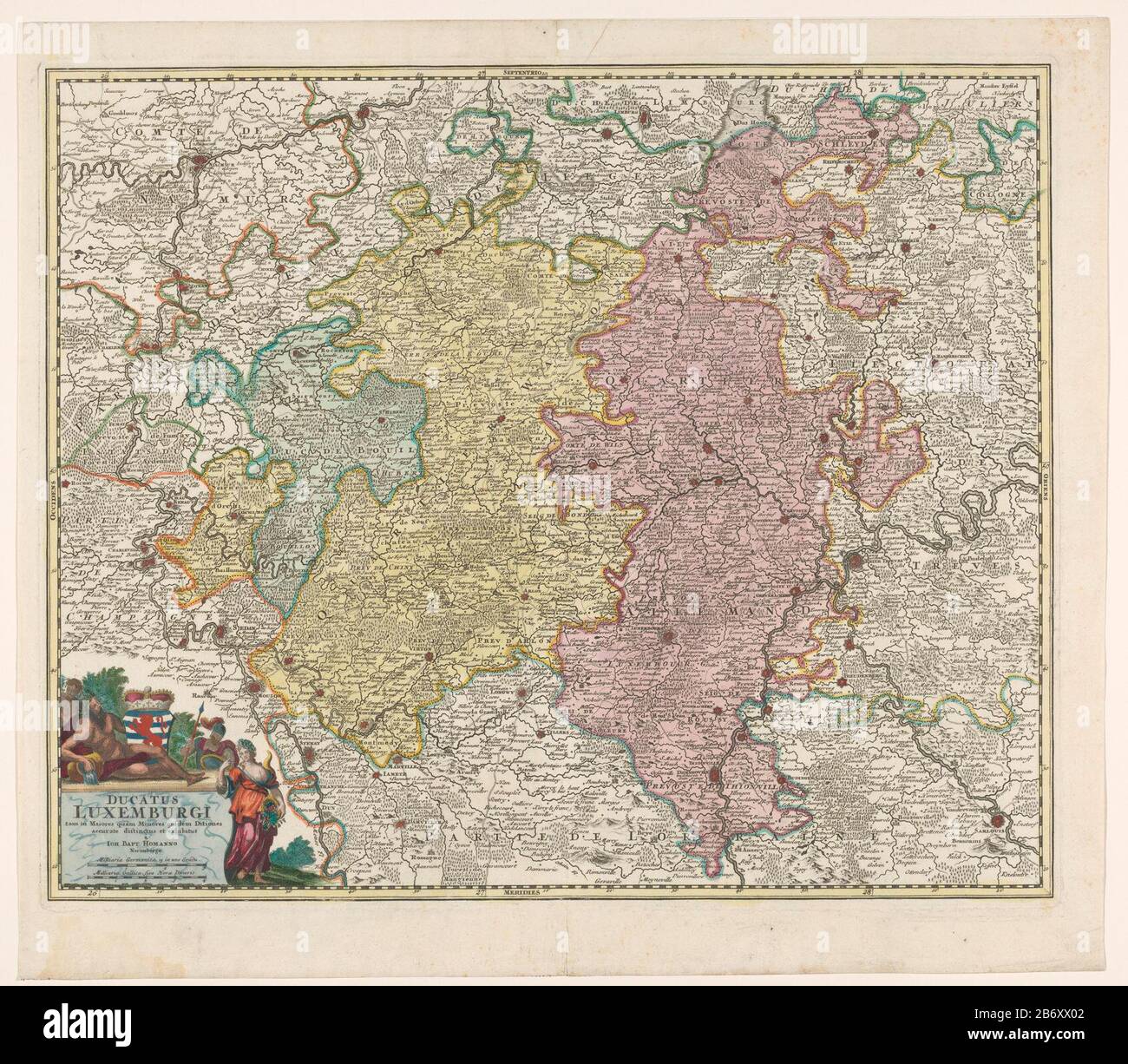 Kaart van het hertogdom Luxemburg Ducatus Luxemburgi tam in maiores quam minores (titel op object) Map of the Duchy of Luxembourg. Left under the title cartouche above the arms of the Duchy of Luxembourg under two shell sticks: Milli Aria Germanica 15 in uno Graduation / Milli Aria Gallica sive Horae Itineris. The card is provided with a degree scale along the randen. Manufacturer : print maker: anonymous publisher: Johann Baptista Homann (indicated on object) Place manufacture: Nürnberg Date: 1674 - 1724 Physical characteristics: etching and engra, hand-colored material: paper Technique: etch Stock Photo