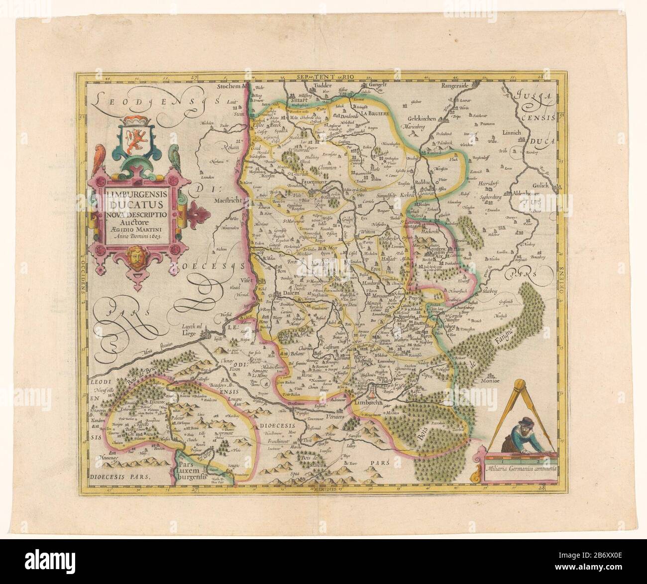Kaart van het hertogdom Limburg Limburgensis ducatus nova descriptio (titel op object) Map of the Duchy of Limburg. Above left the title cartouche above the arms of the Duchy of Limburg. Right a cartouche with scale bar: 2 Miliaria Germanica COMMUNIA. The card is provided with a degree scale along the edges. On verso French tekst. Manufacturer : printmaker: anonymous cartographer: Aegidius Martini (first half 17th century) (listed building) Publisher: Henricus Hondius Place manufacture: Amsterdam Date: 1628 - 1633 Physical features: engra, hand-colored; with text in the letterpress on verso ma Stock Photo