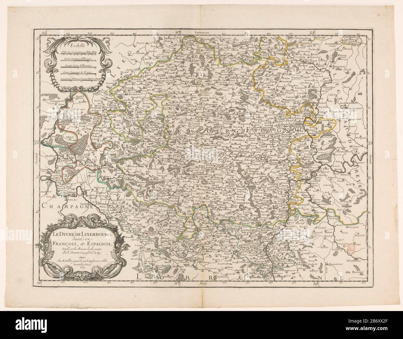 Map of the Duchy of Luxembourg. Links Under the title cartouche. Top left a  cartouche with five poles scale: 10 Milles Milles Only Geometriques ou  d'Italie / 2 lieues Communes d'Allemagne /