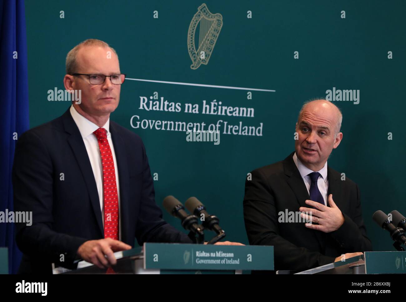 T‡naiste Simon Coveney (left) and Chief Medical Officer Tony Holohan at a news conference at Government Buildings in Dublin after Irish premier Leo Varadkar announced that all schools, colleges and childcare facilities in Ireland will close until March 29 as a result of the Covid-19 outbreak. Stock Photo