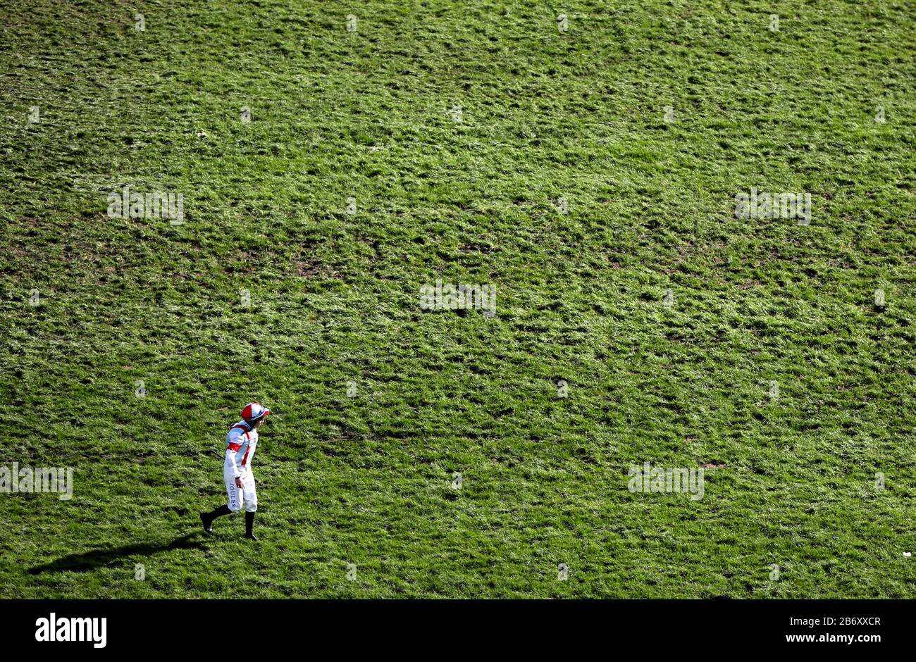 Jockey Gavin Sheehan leaves the racetrack after falling from horse Itchy Feet in the Marsh Novices' Chase during day three of the Cheltenham Festival at Cheltenham Racecourse. Stock Photo