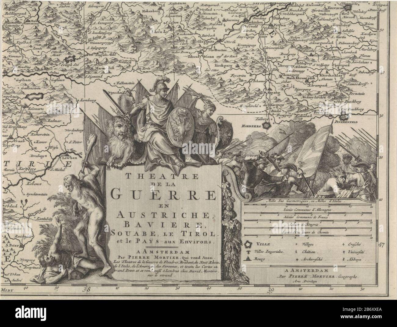Kaart van het noordoosten van Oostenrijk (blad rechtsonder) Teatre de la Guerre en Austriche, Baviere, Souabe, le Tirol et le Pays aux Environs (titel op object) The title and legend of a map of Austria, Bavaria, Swabia and Tyrol. Leaf bottom right of the area to the northeast of Austria above and left. To the left of the title a wild man who beats a man with his club, who ns mask has fallen. Above the title allegorical figure with a heavy: d and shield, showing a two-headed eagle with sword. Left the Dutch lion, right, a woman with a bundle of arrows and a shield with Aegirkop. Above the key Stock Photo