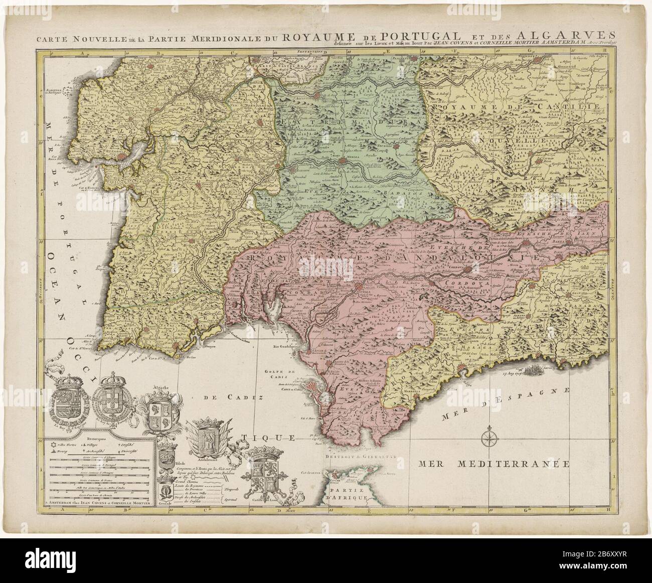 Kaart van het zuiden van Spanje en Portugal Card with part Portugal and Spain's south coast. Component (leaf left) of a large map of Spain and Portugal in four sheets, ca. 1703. Bottom left the legend and the arms of Spain and Portugal, connected to the arms of the Algarve (Where: hanging under the coats of arms of Toledo and Granada ), Andalusia and Castile and León. Manufacturer : printmaker Jan Luyken (possible) printmaker: Caspar Luyken (possible) publisher: Covens & Mortier (listed property) provider of privilege unknown (listed property) Place manufacture: Amsterdam Date: 1720 - 1772 Phy Stock Photo