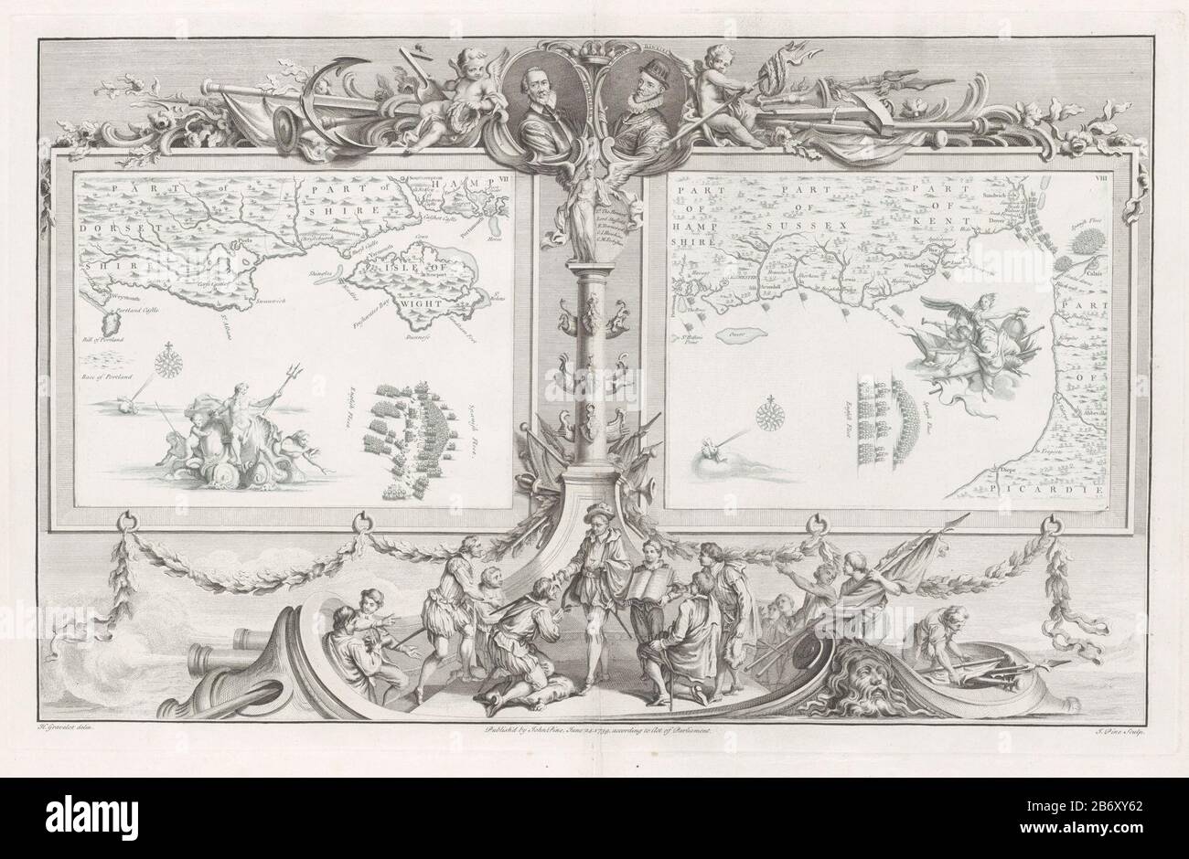 Kaarten van de Spaanse Armada (25 en 27 juli 1588) Two cards (VII-VIII) with Spanish and English fleet in Canal at the Isle of Wight and Dover Street, within an ornamental frame. Top under the portraits of Sir Martin Frobisher and Sir John Hawkins. Between them, a Corona Navalis (ship's crown). The portraits are flanked by two putti with wreaths. The judge hang wreaths at a pitchfork. Among the portraits Victoria on Culumna Rostrata or a column in honor of a triumph decorated with scheepsboegen. On the shield of Victoria are the names of the persons who were knighted by the Lord High Admiral. Stock Photo