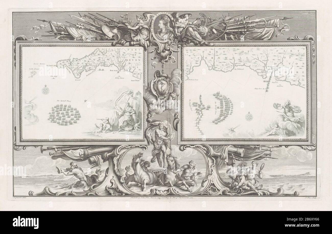 Kaarten van de Spaanse Armada (16 en 21 juli 1588) Two cards (I-II) with the Spanish fleet in the channel the coast of Cornwall and Devon, within an ornamental frame. At the top of the framework a medallion with the portrait of Queen Elizabeth I, flanked by the personification of History and Fame, seated between the weaponry (spears, shields, banners). Under the medallion hangs a cartouche with the Anchor of Hope, the arm of the British Admiralty, surrounded by the four winds. Below Neptune in his chariot drawn by two horses and escorted by two men with fish tails. In the right corner of the l Stock Photo