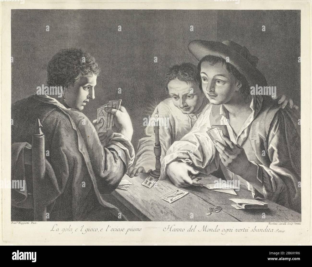 Kaartspelers Two young men playing cards at a table. A third man is watching. On the table are coins and there is a burning candle. Text in ondermarge. Manufacturer : printmaker: Nicolo Cavalli (listed property) to painting by Francesco Maggi Otto (listed property) Place manufacture: printmaker: Venice to painting: Italy Date: 1740 - 1822 Physical features: engra and etching material: paper Technique: engra (printing process) / etching dimensions: plate edge: h 372 mm × W 479 mm Subject: playing-cardsear-ring Stock Photo