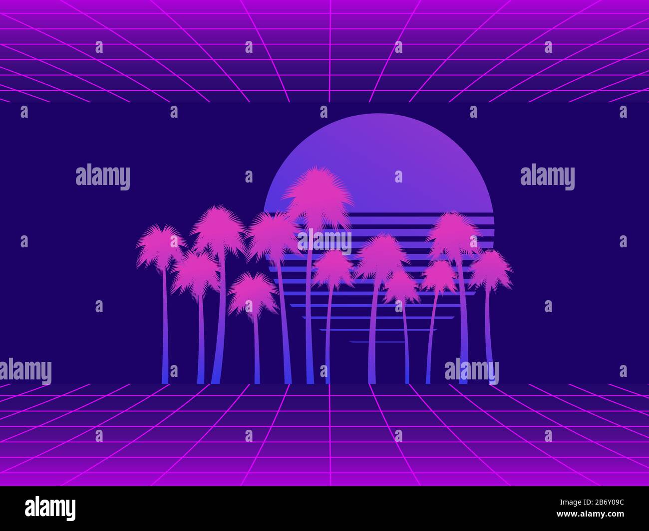 Virtual reality landscape with palm trees. Retro futurism sunset in the
