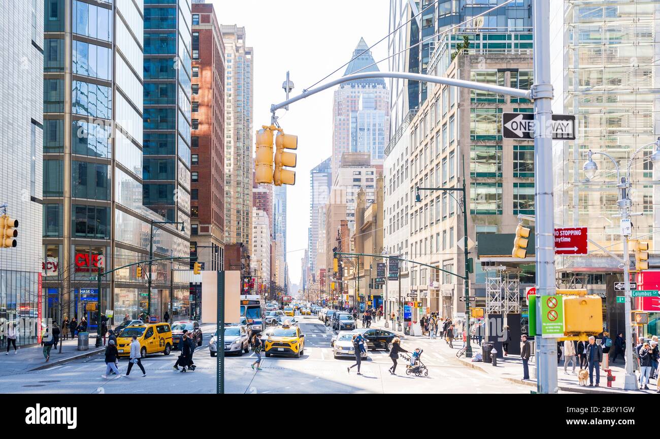 Columbus Circle, New York - March 8, 2020: New York City a Week Before The Citywide Shutdown Because of the Coronavirus Pandemic. Stock Photo